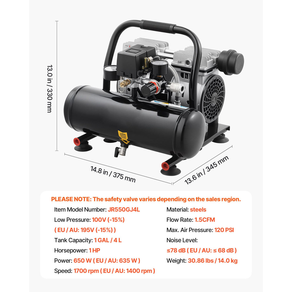 VEVOR Air Compressor Compact Portable Oil Free Compressor 4L 7bar