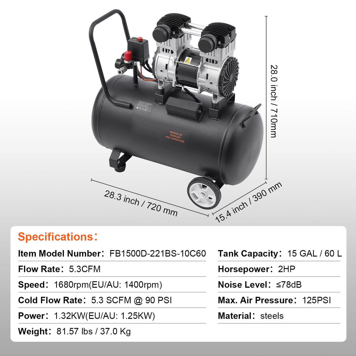 Air Compressor Compact Portable Oil Free Compressor 60L 90 PSI