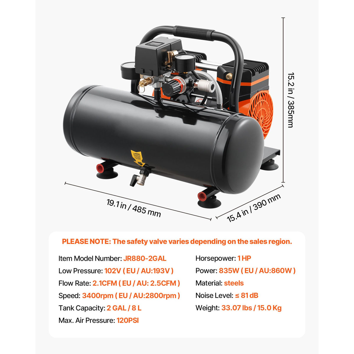 VEVOR Air Compressor Compact Portable Oil Free Compressor 8L 8bar
