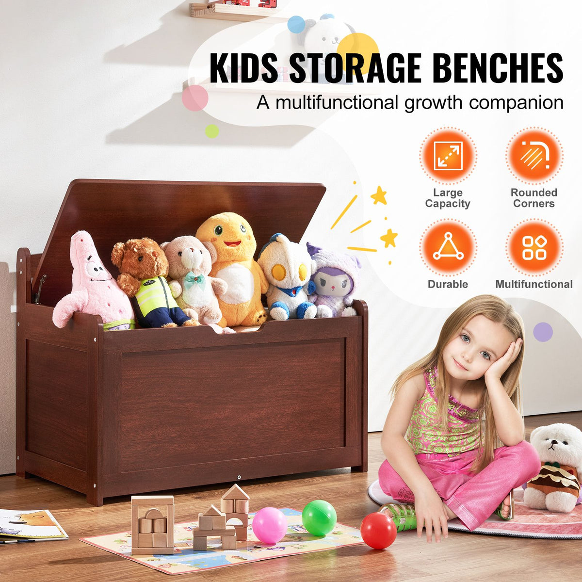VEVOR Kids Toy Storage Bench Wooden Toy Box Chest 32.68 x 17.91 x 24.02" Cherry