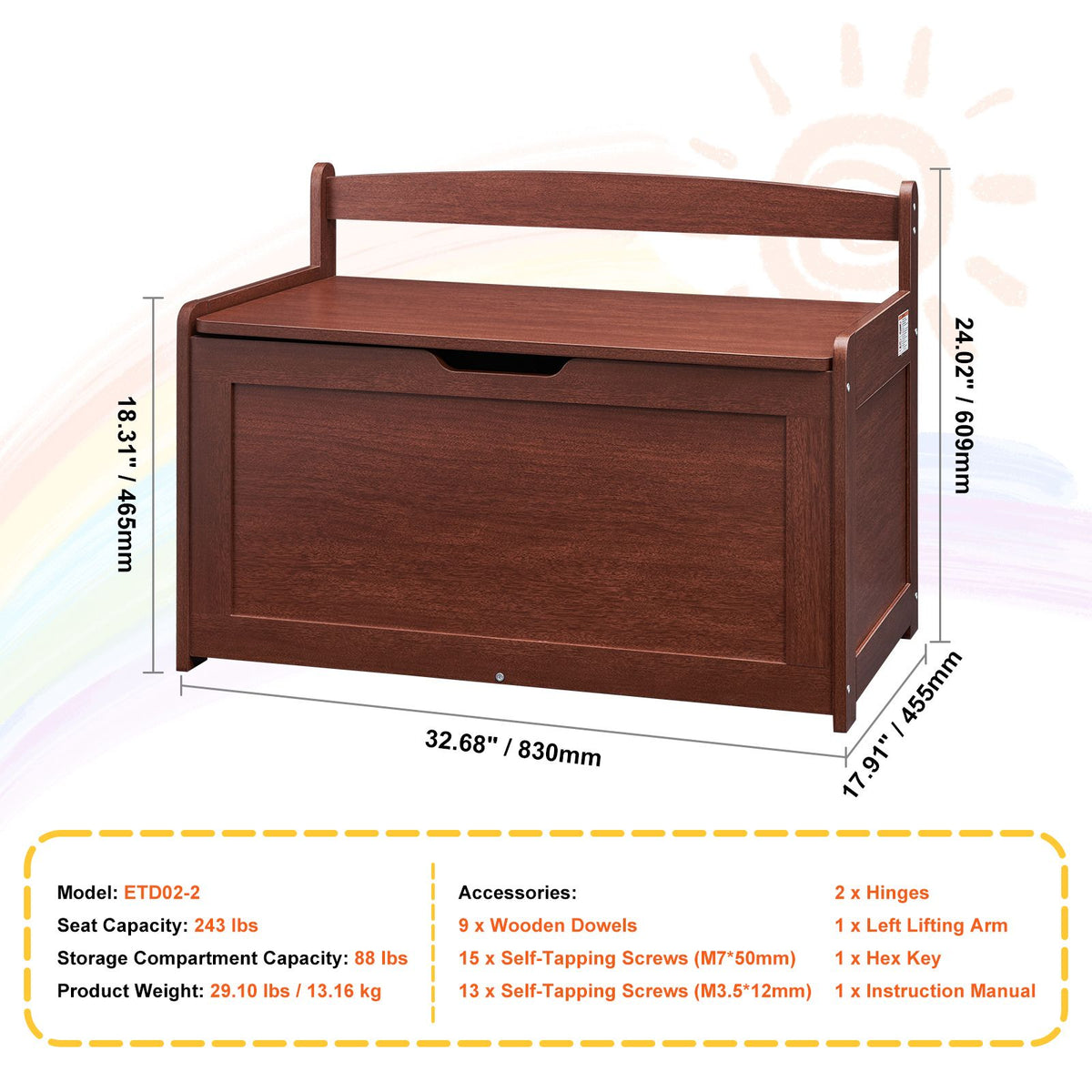 VEVOR Kids Toy Storage Bench Wooden Toy Box Chest 32.68 x 17.91 x 24.02" Cherry