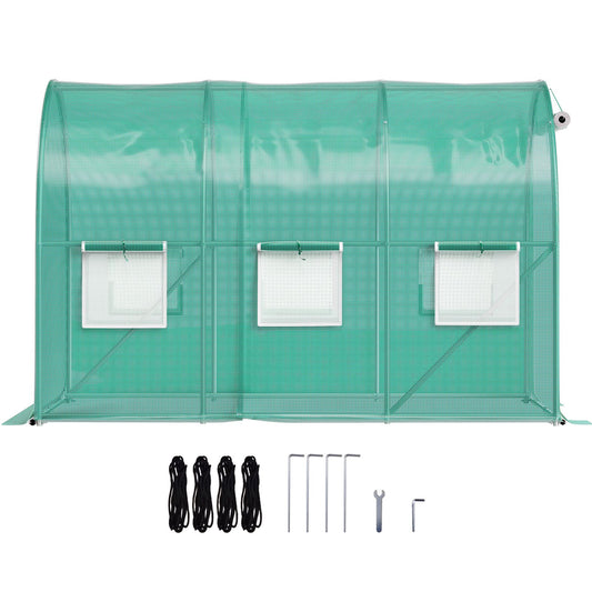 VEVOR Walk-in Tunnel Greenhouse, 3 x 2 x 2 m, Portable Plant Hot House with Galvanised Steel Frame, 1 Top Bar, Diagonal Poles, Zipper Door and 6 Roll-Up Windows, Green