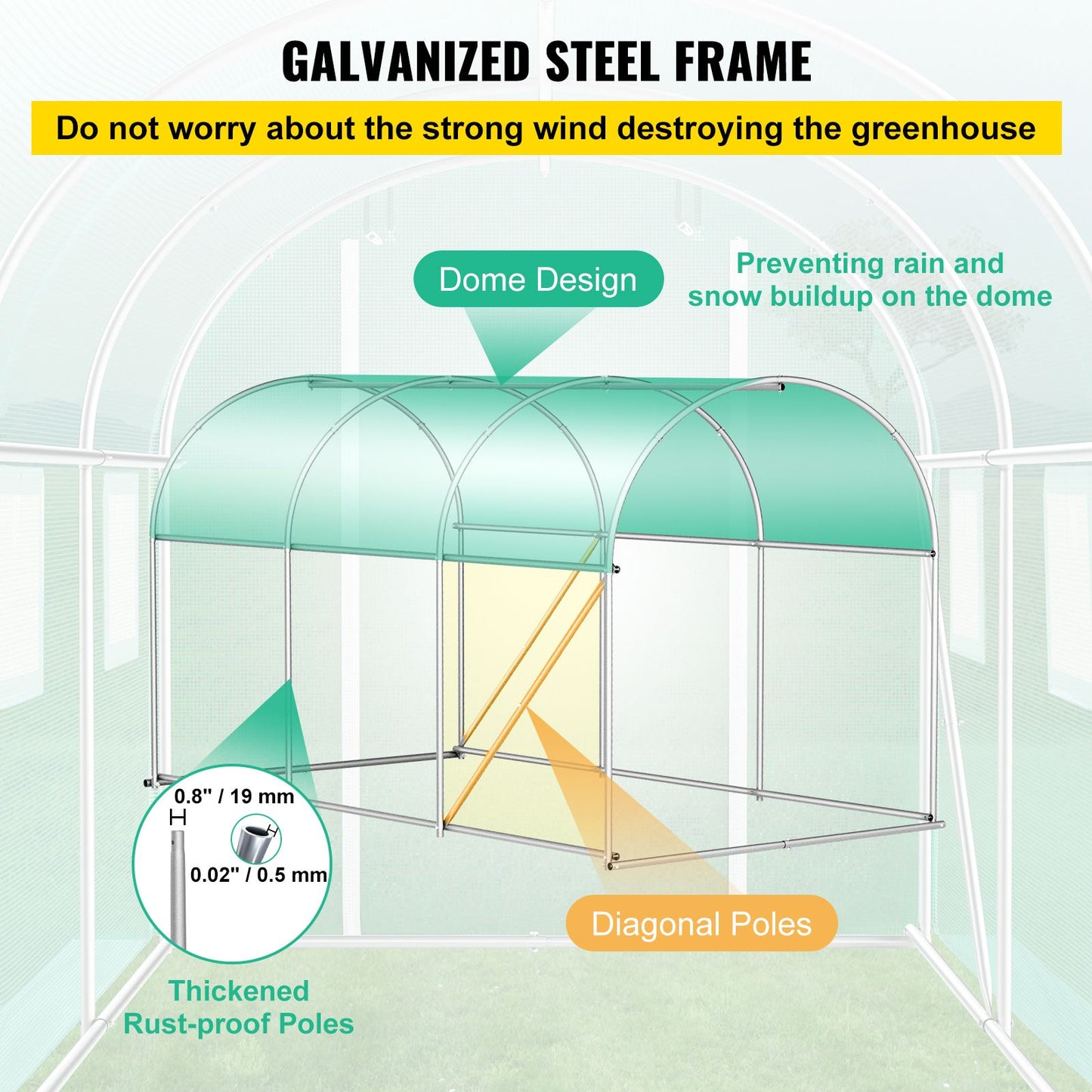 VEVOR Walk-in Tunnel Greenhouse, 3 x 2 x 2 m, Portable Plant Hot House with Galvanised Steel Frame, 1 Top Bar, Diagonal Poles, Zipper Door and 6 Roll-Up Windows, Green