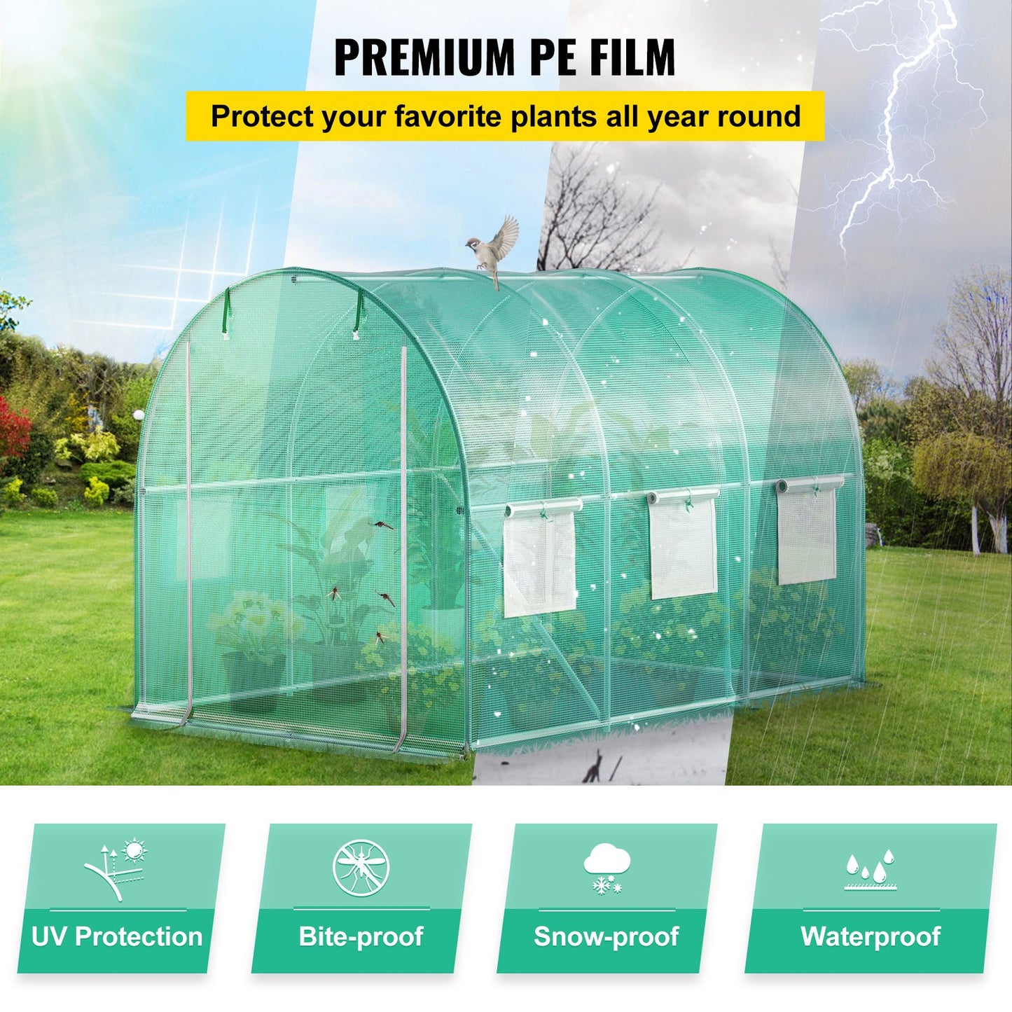 VEVOR Walk-in Tunnel Greenhouse, 3 x 2 x 2 m, Portable Plant Hot House with Galvanised Steel Frame, 1 Top Bar, Diagonal Poles, Zipper Door and 6 Roll-Up Windows, Green