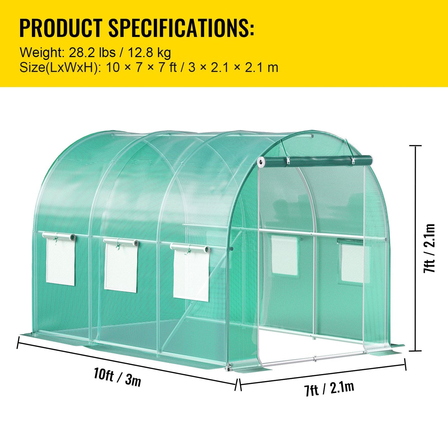 VEVOR Walk-in Tunnel Greenhouse, 3 x 2 x 2 m, Portable Plant Hot House with Galvanised Steel Frame, 1 Top Bar, Diagonal Poles, Zipper Door and 6 Roll-Up Windows, Green