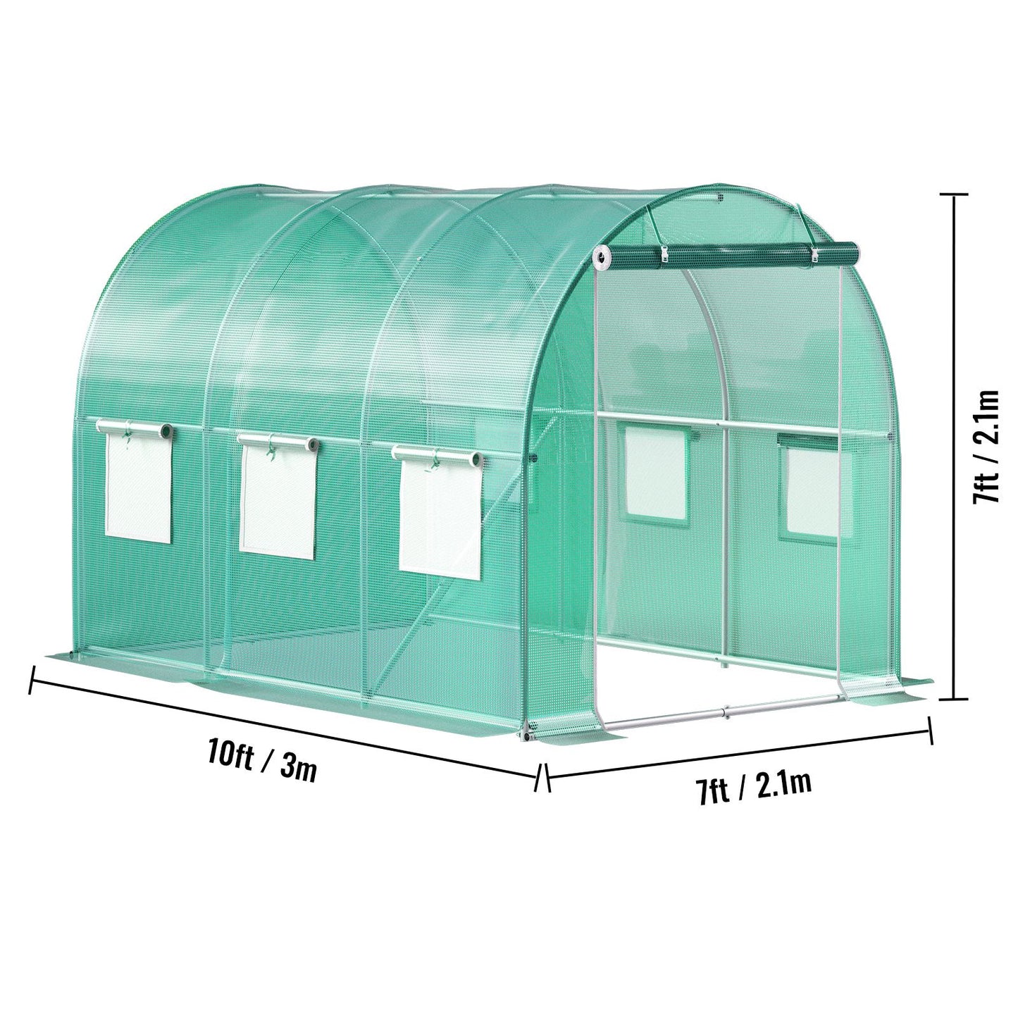VEVOR Walk-in Tunnel Greenhouse, 3 x 2 x 2 m, Portable Plant Hot House with Galvanised Steel Frame, 1 Top Bar, Diagonal Poles, Zipper Door and 6 Roll-Up Windows, Green
