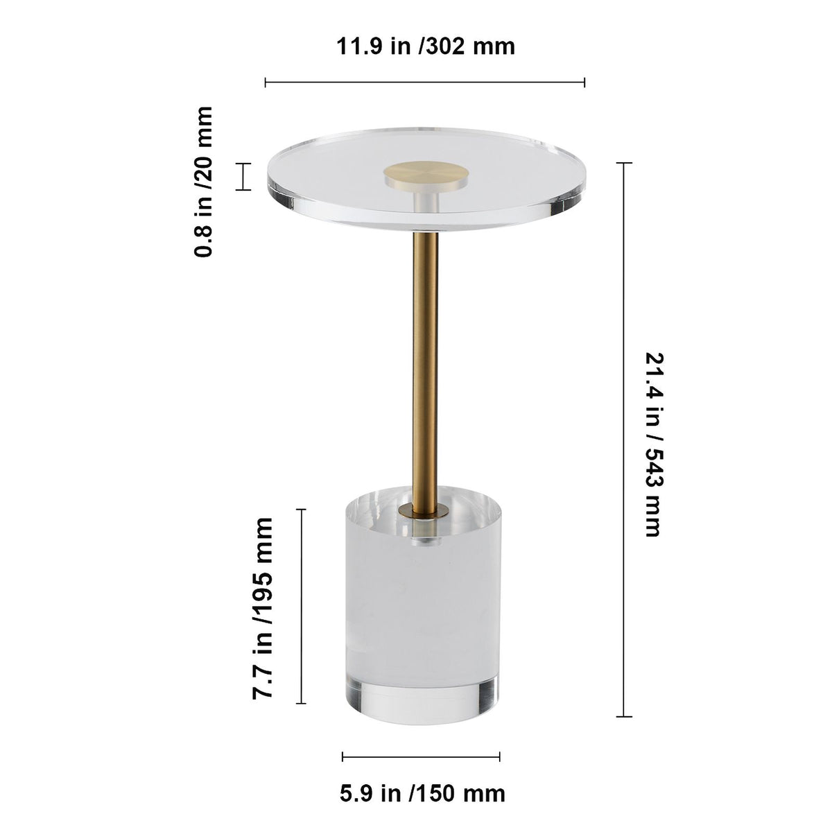 Clear Acrylic End Table, Acrylic Side Table with a Solid Base, 11.9 x 11.9 inch Round Tabletop, 21.4 inch High, for Coffee, Drink, Food, Snack used in Living Room, Bedroom, and Study