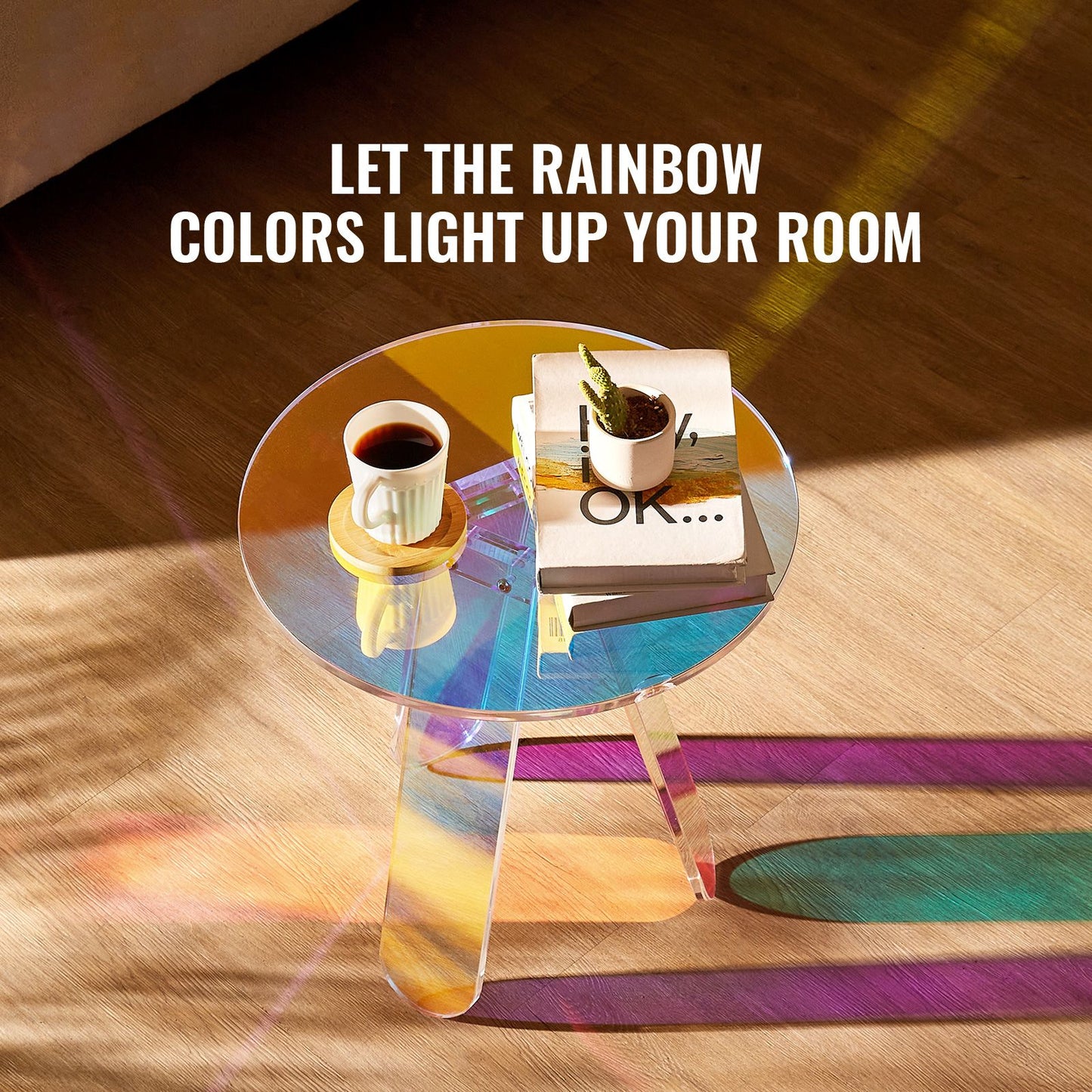 VEVOR Round Iridescent Side Table, Acrylic End Table, Clear Rainbow Acrylic Coffee Table for Drink, Food, Snack used in Living Room, Bedroom, and Study