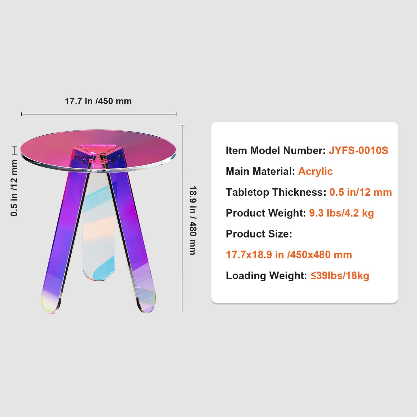 VEVOR Round Iridescent Side Table, Acrylic End Table, Clear Rainbow Acrylic Coffee Table for Drink, Food, Snack used in Living Room, Bedroom, and Study