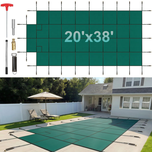 VEVOR Pool Safety Cover Fits18x36ft Inground Safety Pool Cover Green Mesh with 4x8ft Center End Steps Solid Pool Safety Cover for Swimming Pool Winter