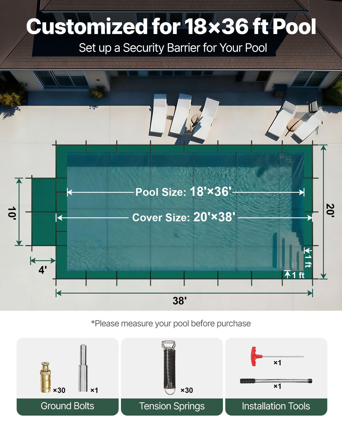 VEVOR Pool Safety Cover Fits18x36ft Inground Safety Pool Cover Green Mesh with 4x8ft Center End Steps Solid Pool Safety Cover for Swimming Pool Winter