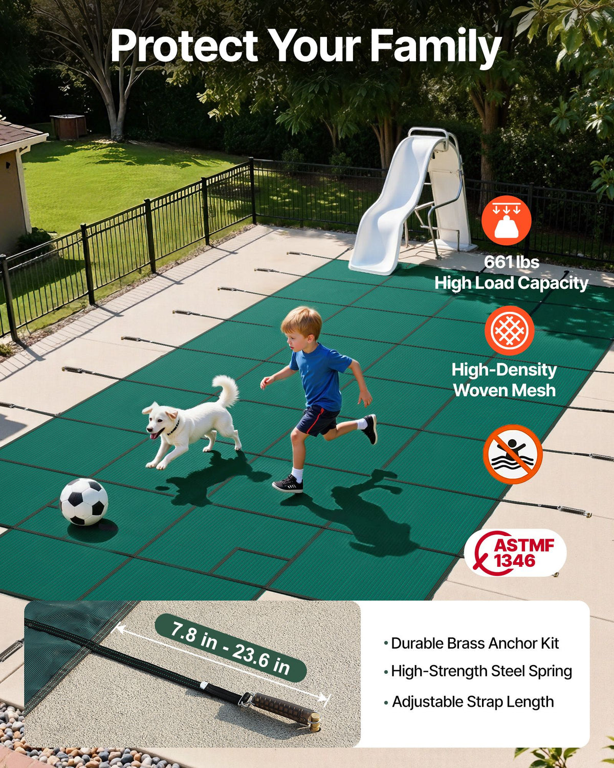 VEVOR Pool Safety Cover Fits18x36ft Inground Safety Pool Cover Green Mesh with 4x8ft Center End Steps Solid Pool Safety Cover for Swimming Pool Winter