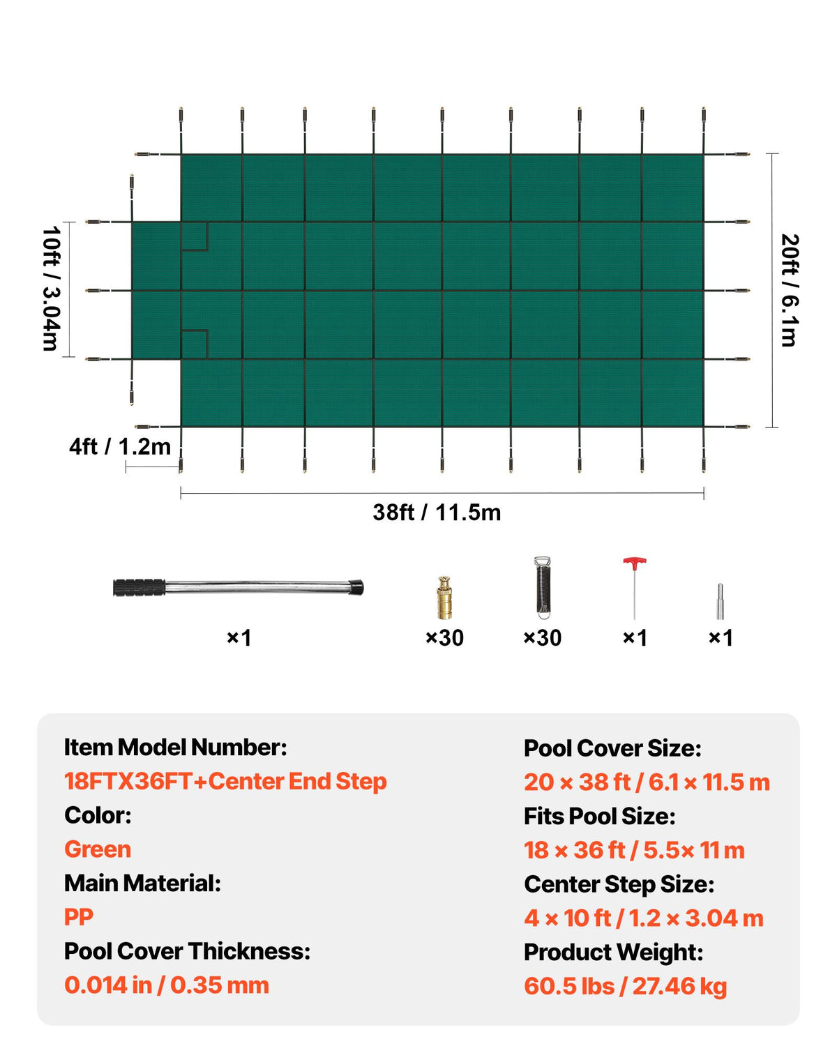 VEVOR Pool Safety Cover Fits18x36ft Inground Safety Pool Cover Green Mesh with 4x8ft Center End Steps Solid Pool Safety Cover for Swimming Pool Winter
