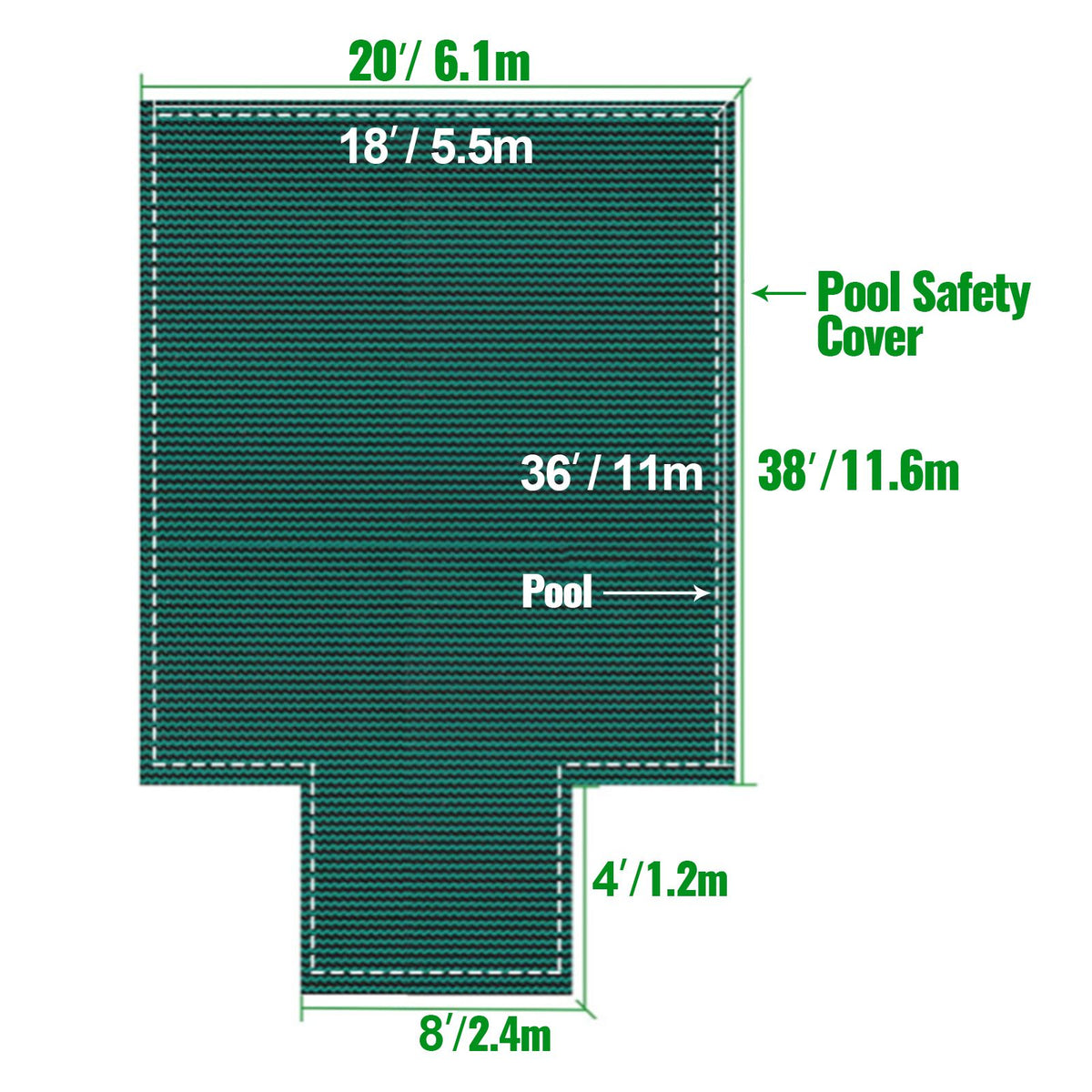 VEVOR Pool Safety Cover Fits18x36ft Inground Safety Pool Cover Green Mesh with 4x8ft Center End Steps Solid Pool Safety Cover for Swimming Pool Winter