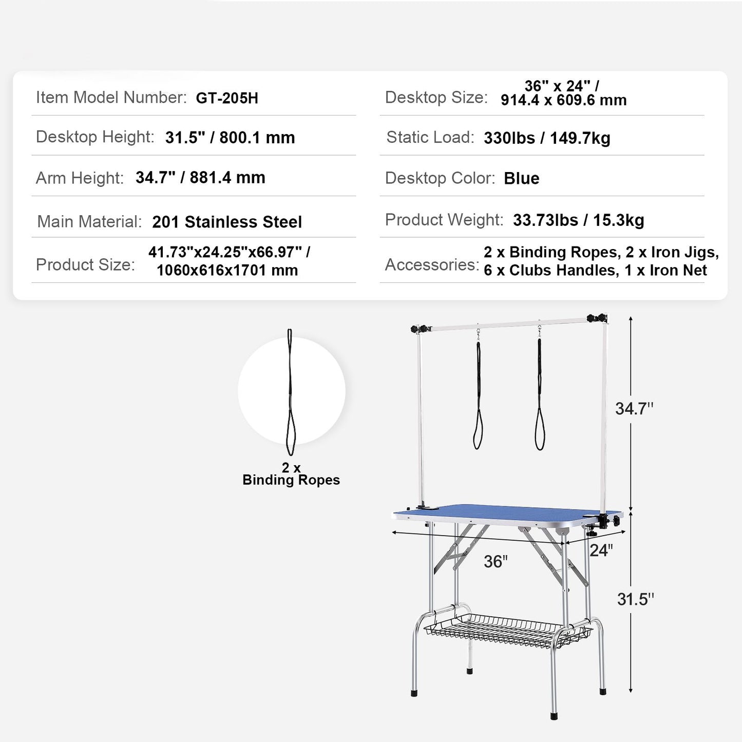VEVOR Pet Grooming Table Two Arms with Clamp, 915 x 610mm Dog Grooming Station, Foldable Pets Grooming Stand for Medium and Small Dogs, Free Two No Sit Haunch Holder with Grooming Loop, Bearing 150kg