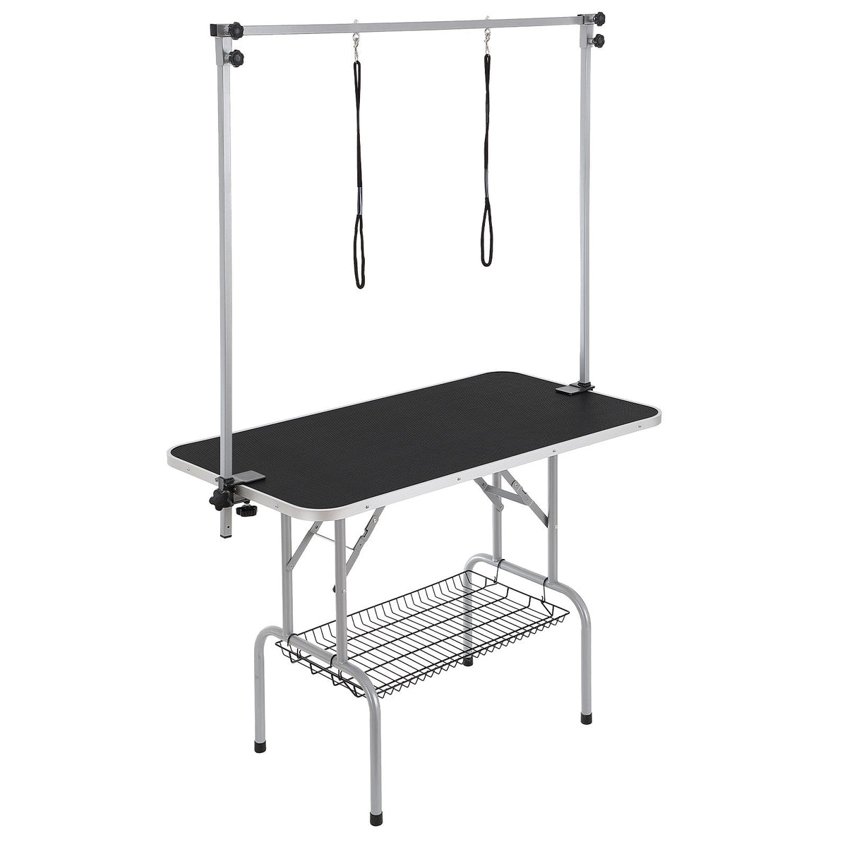 Pet Grooming Table Two Arms with Clamp, 117cm Dog Grooming Station, Foldable Pets Grooming Stand for Medium and Small Dogs, Free Two No Sit Haunch Holder with Grooming Loop, Bearing 149.7kg