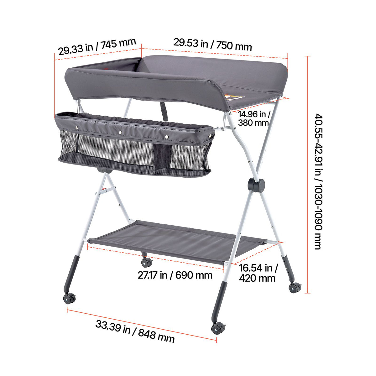 Baby Changing Table, Foldable Diaper Change Station with Side Basket, Adjustable Height Portable Changing Table with Lockable Wheels, Multi-Functional Storage Organizer Nursery, Dark Gray