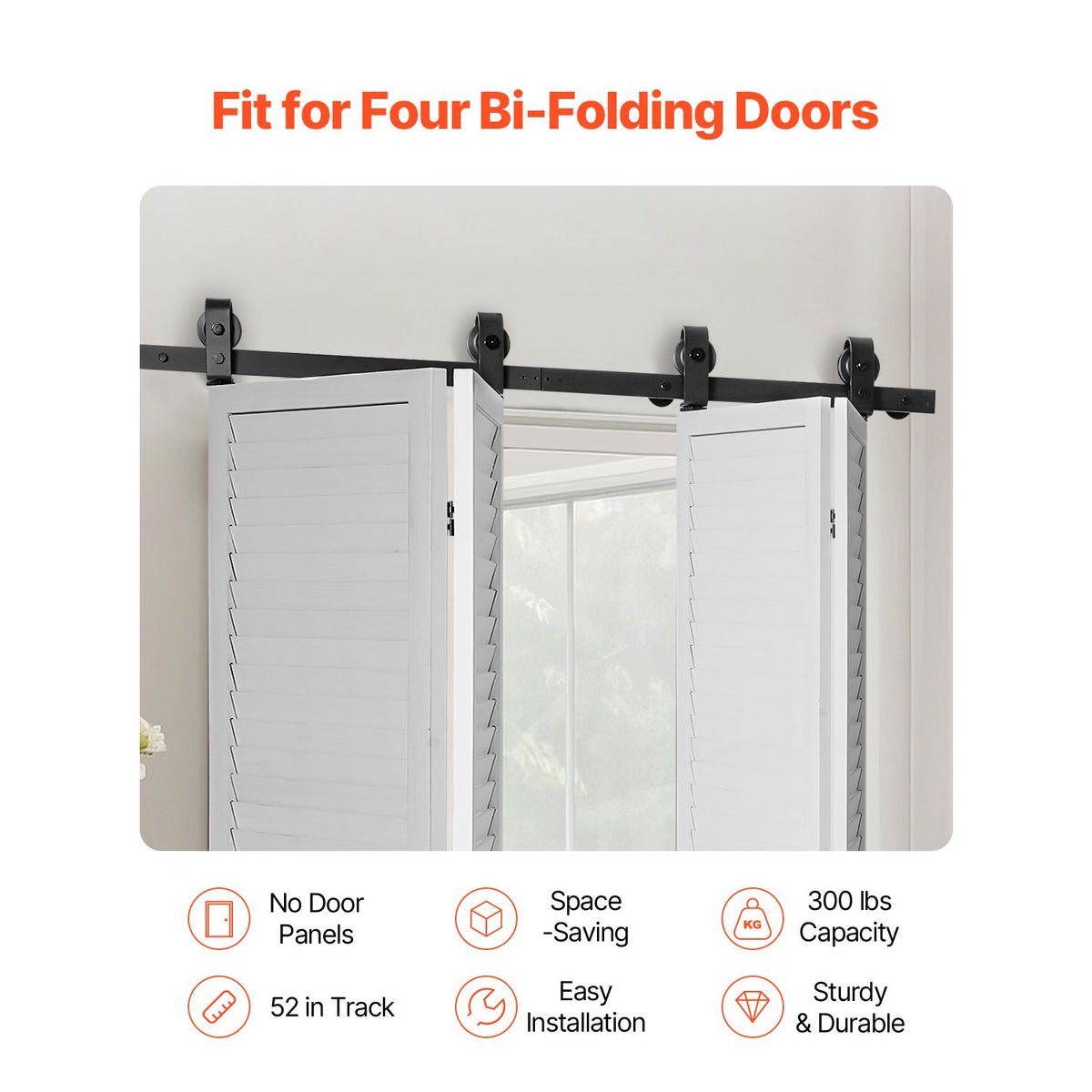 Bi-Folding Sliding Barn Door Hardware Track Kit, 52" Top Mount Track Kit, Slide Smoothly & Quietly, Heavy Duty, Easy to Install, Suitable for Four 12" Closet Pantry Laundry Doors (Not Included)