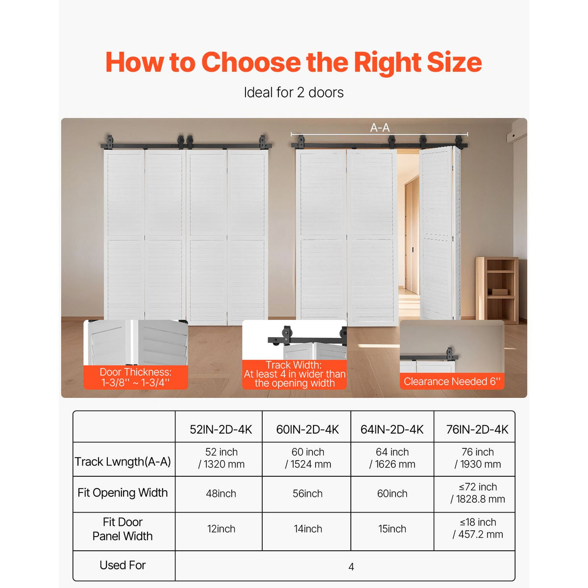 Bi-Folding Sliding Barn Door Hardware Track Kit, 52" Top Mount Track Kit, Slide Smoothly & Quietly, Heavy Duty, Easy to Install, Suitable for Four 12" Closet Pantry Laundry Doors (Not Included)