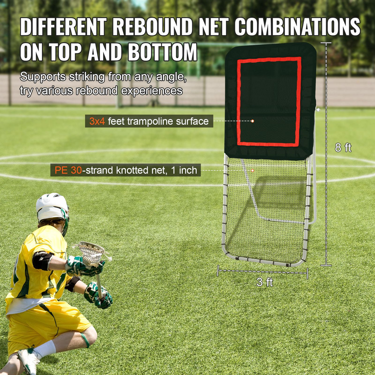 Folding Lacrosse Rebounder for Backyard, 3x8 Ft Volleyball Bounce Back Net, Pitchback Throwback Baseball Softball Return Training Screen, Adjustable Angle Shooting Practice Training Wall, Black