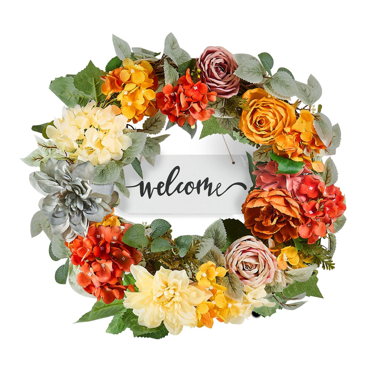 Artificial Decorative Wreath 60.96 cm Red Orange Yellow Hydrangeas Roses