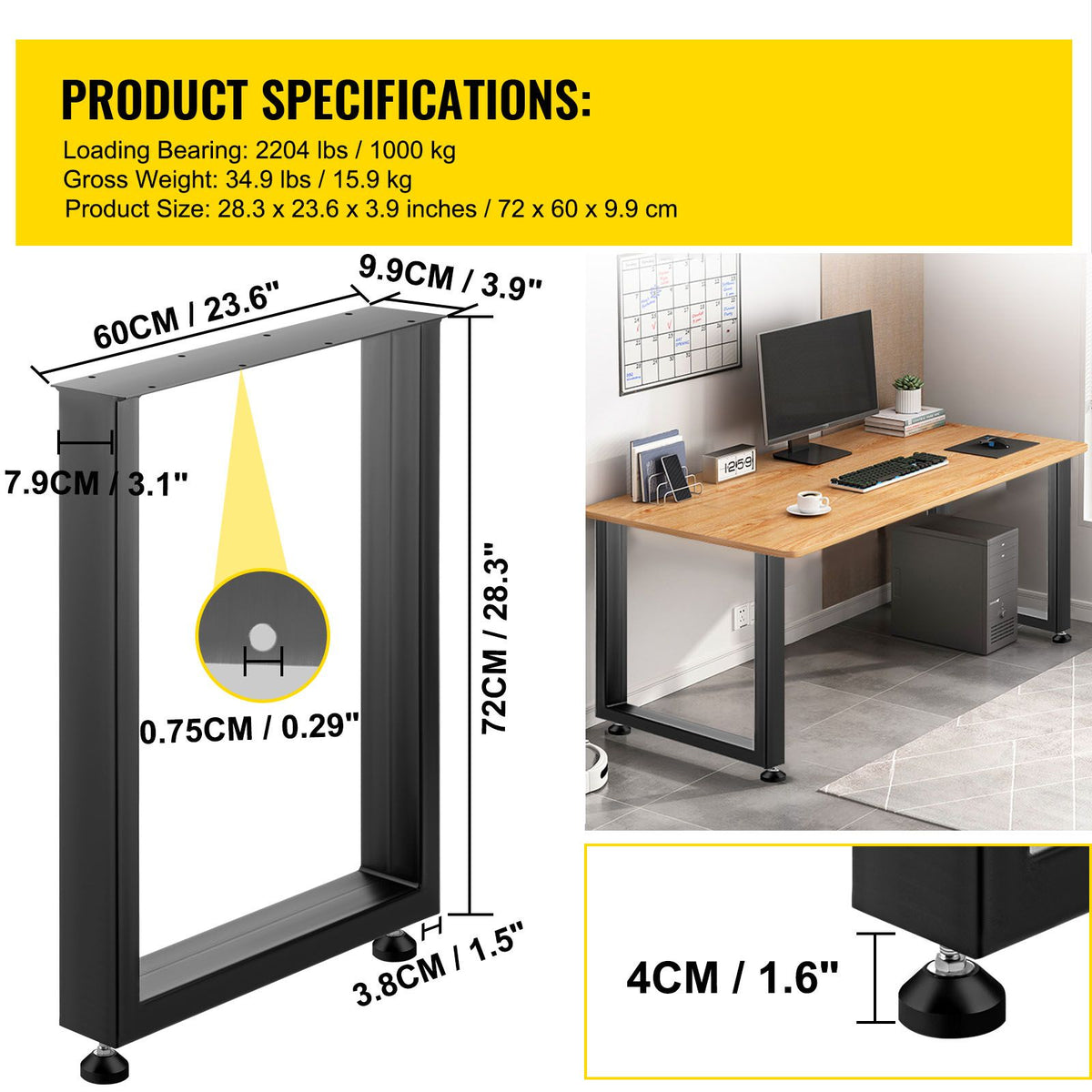 VEVOR Black Table Legs Frame Metal Dining Table Desk 600X720MM