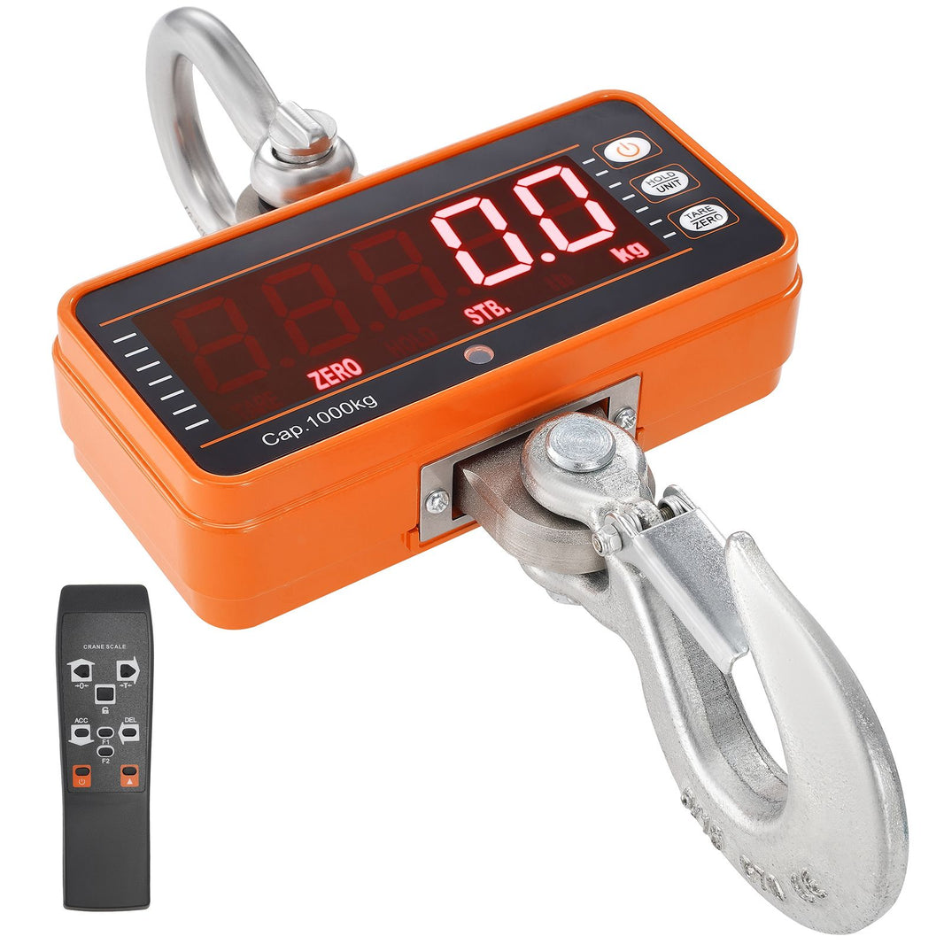 VEVOR Digital Crane Scale, 2200 lbs/1000 kg, Industrial Heavy Duty Hanging Scale with Remote Control, Cast Aluminum Case & LED Screen, High Precision for Construction, Factory, Farm, Hunting (Orange)