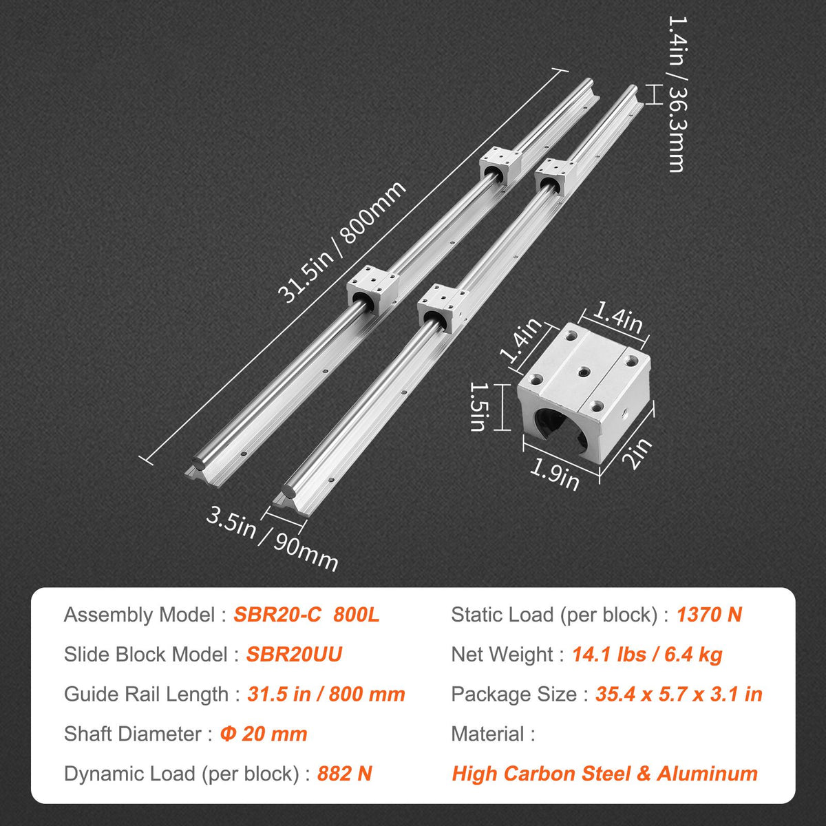 Linear Guide Rail Set, SBR20 800mm, 2 PCS 31.5 in/800 mm SBR20 Guide Rails and 4 PCS SBR20UU Slide Blocks, Linear Rails and Bearings Kit for Automated Machines DIY Project CNC Router Machines