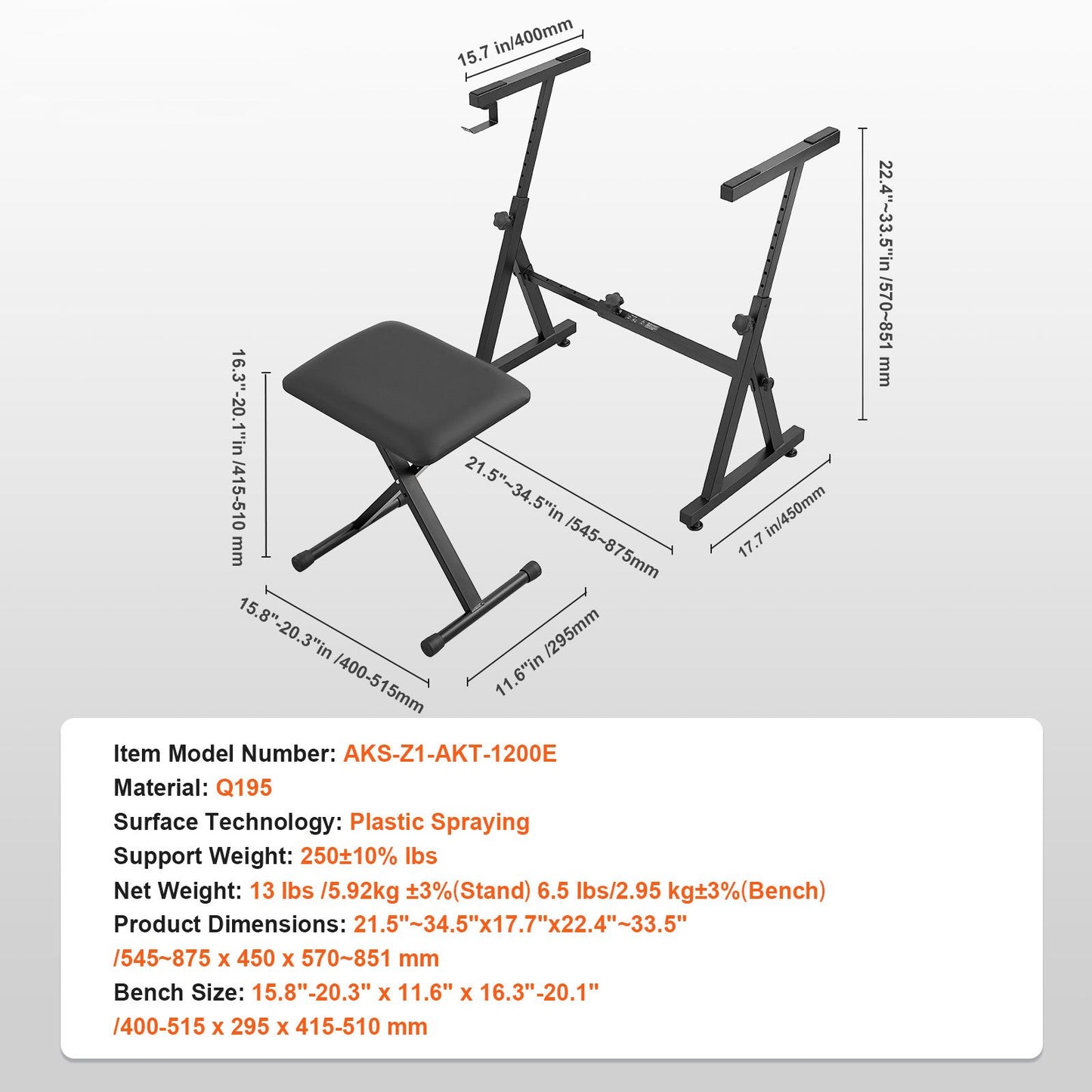 VEVOR Piano Keyboard Stand and Bench Set, Z Style, Heavy-Duty Digital Piano Music Stand and Seat, 250 lbs Capacity with Adjustable Piano Bench Width Height Wheels, Fits for 54-88 Key Electric Pianos