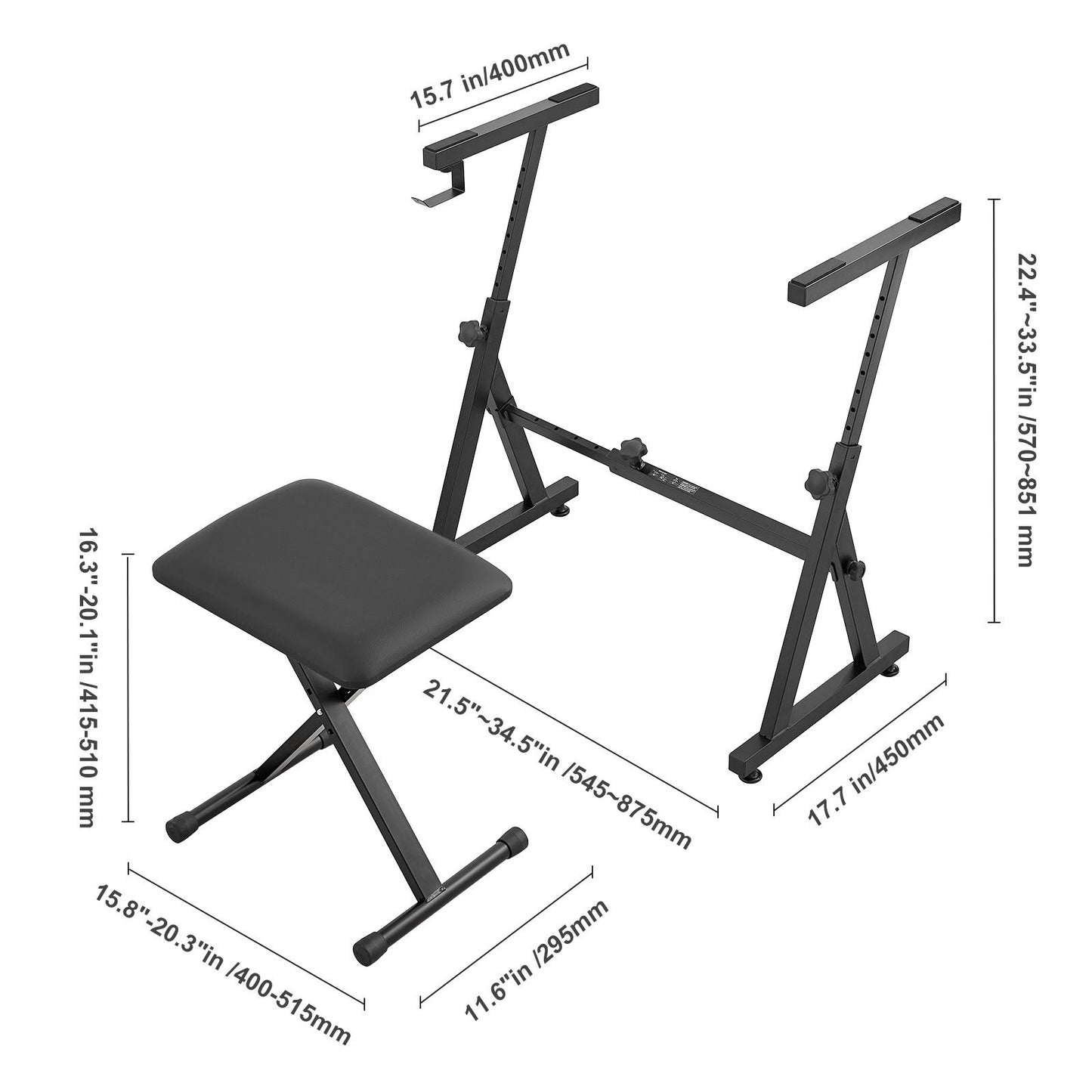 VEVOR Piano Keyboard Stand and Bench Set, Z Style, Heavy-Duty Digital Piano Music Stand and Seat, 250 lbs Capacity with Adjustable Piano Bench Width Height Wheels, Fits for 54-88 Key Electric Pianos
