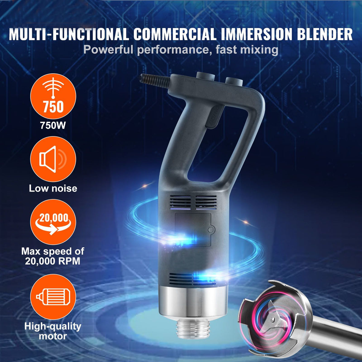 VEVOR Commercial Immersion Blender Heavy Duty Hand Mixer 750W Variable Speed