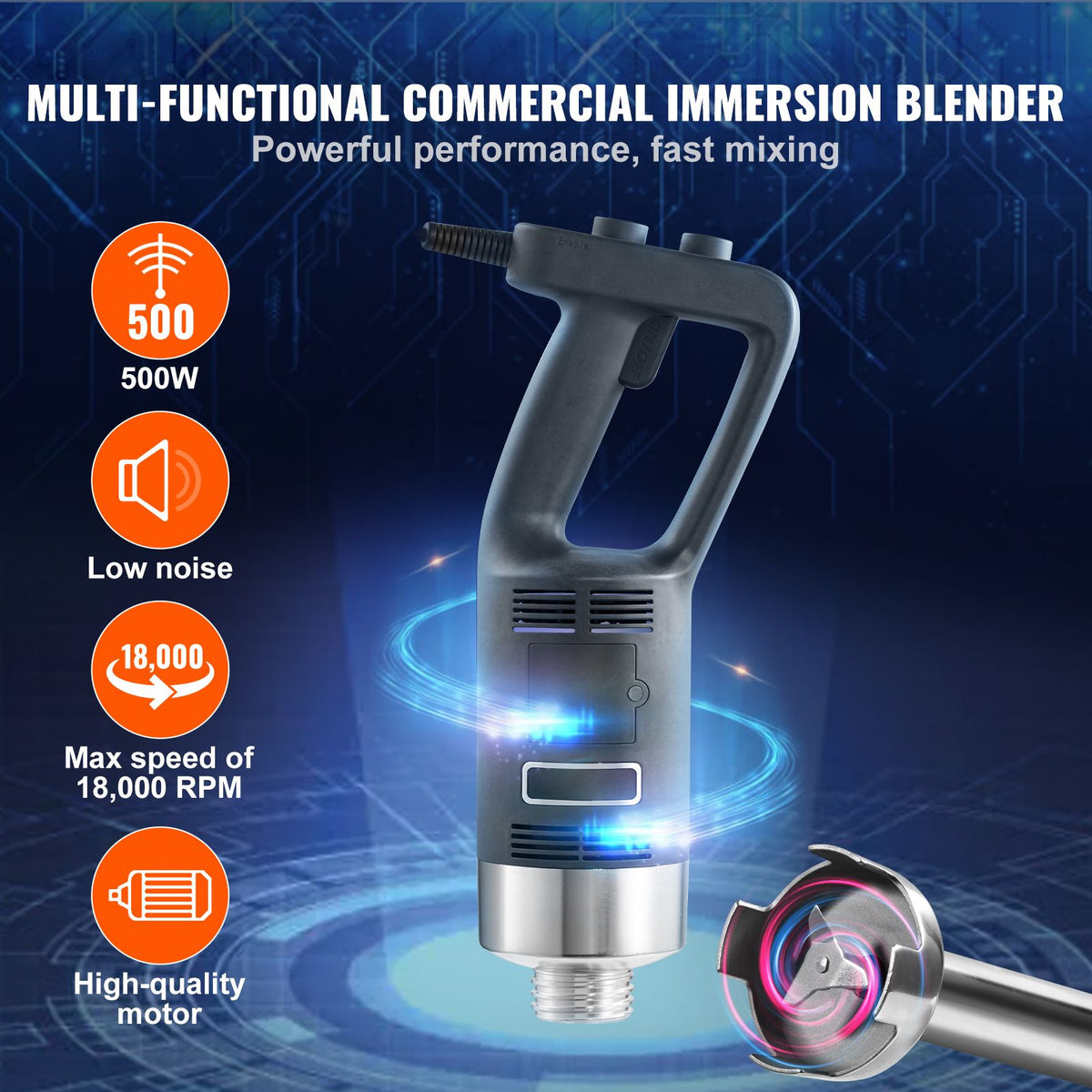 VEVOR Professional Stick Blender, 500W Powerful Handheld Mixer, Adjustable Speed with Stainless Steel Blade, Versatile Hand Mixer for Soups, Smoothies, Purees, and Baby Food