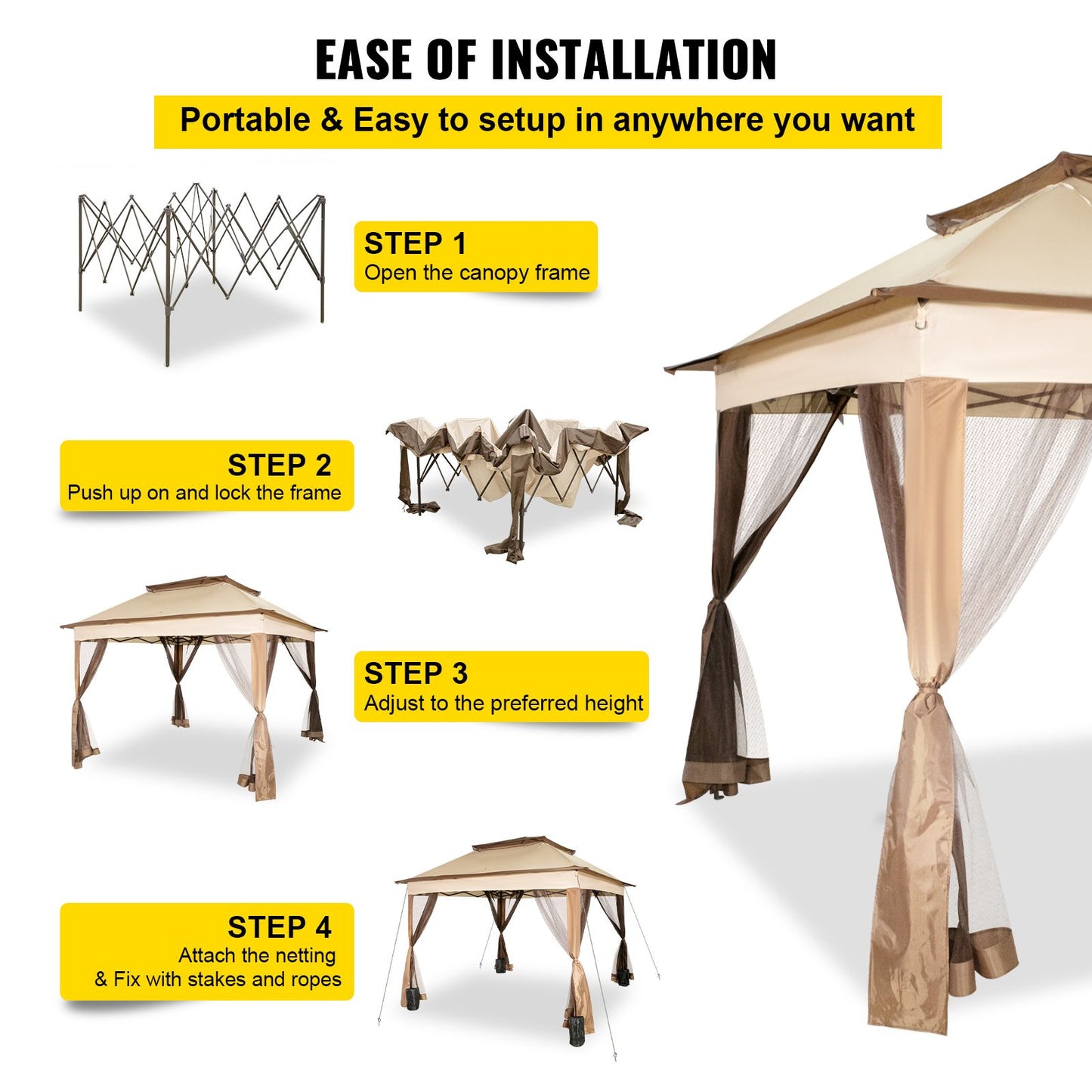 VEVOR Outdoor Canopy Gazebo Tent, Portable Canopy Shelter with 11\'x11\' Large Shade Space for Party, Backyard, Patio Lawn and Garden, 4 Sandbags, Carrying Bag and Netting Included, Brown
