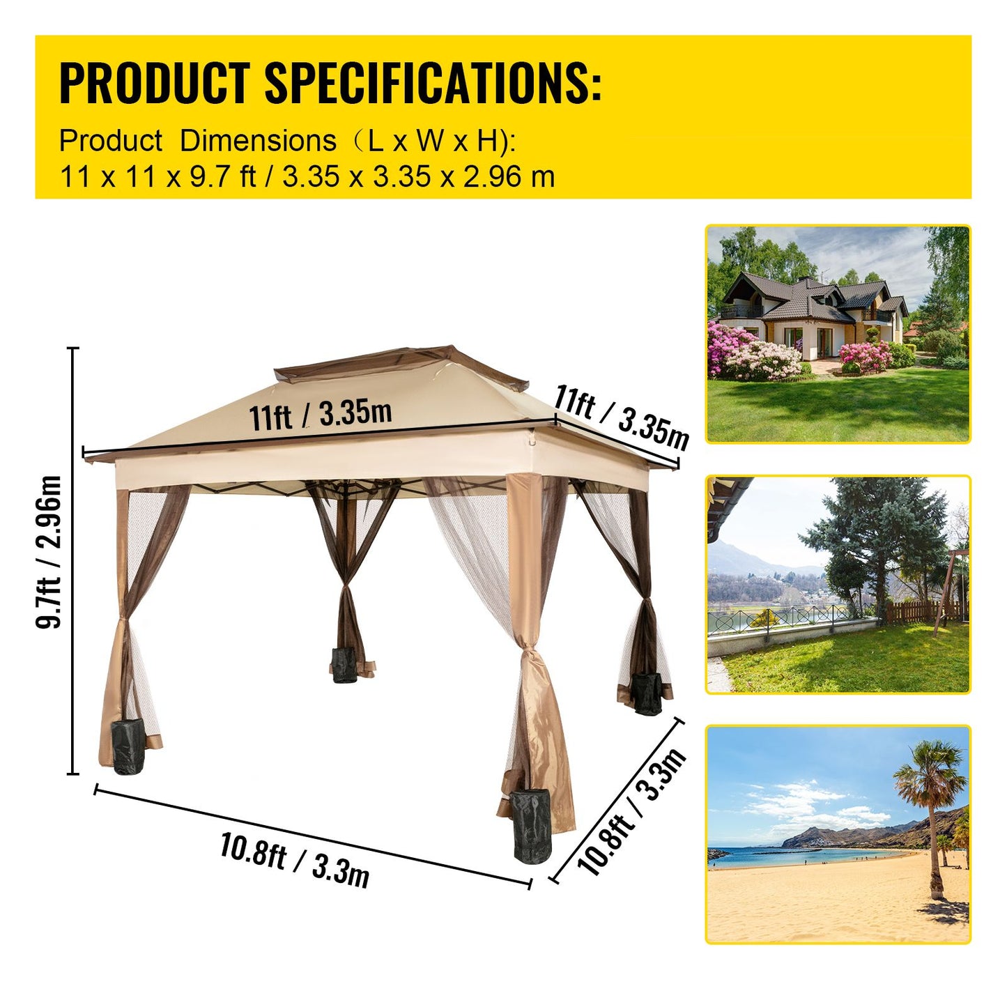 VEVOR Outdoor Canopy Gazebo Tent, Portable Canopy Shelter with 11\'x11\' Large Shade Space for Party, Backyard, Patio Lawn and Garden, 4 Sandbags, Carrying Bag and Netting Included, Brown