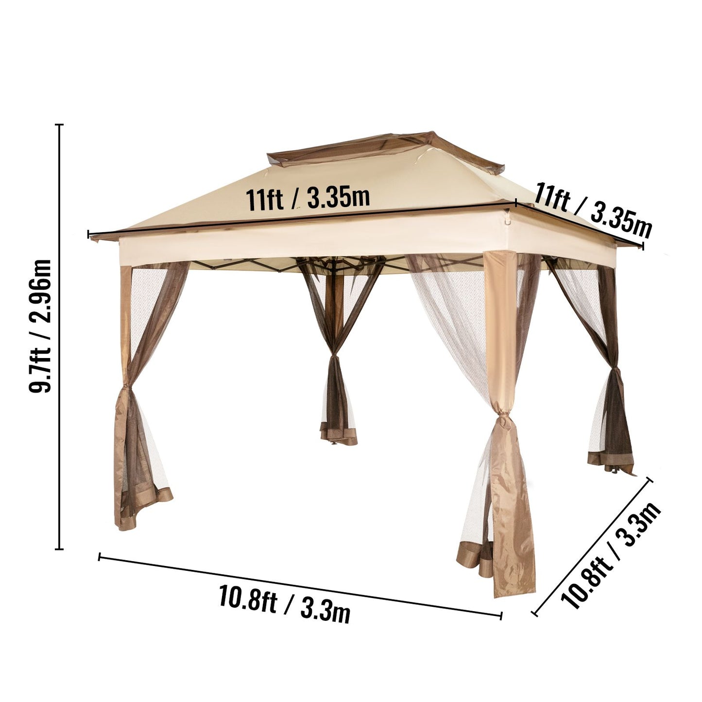 VEVOR Outdoor Canopy Gazebo Tent, Portable Canopy Shelter with 11\'x11\' Large Shade Space for Party, Backyard, Patio Lawn and Garden, 4 Sandbags, Carrying Bag and Netting Included, Brown