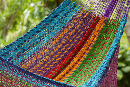 Outdoor undercover cotton Mayan Legacy hammock with hand crocheted tassels King Size Colorina