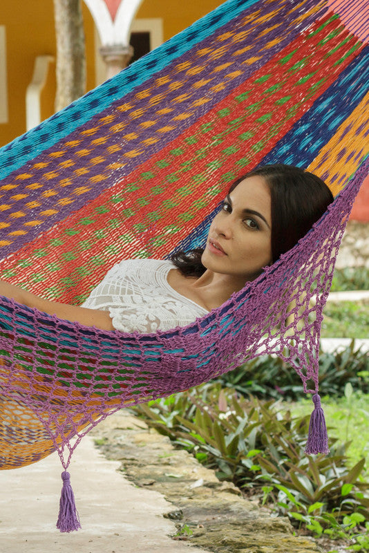 Outdoor Cotton Mayan Legacy Hammock with Hand Crocheted Tassels King Size - Colorina