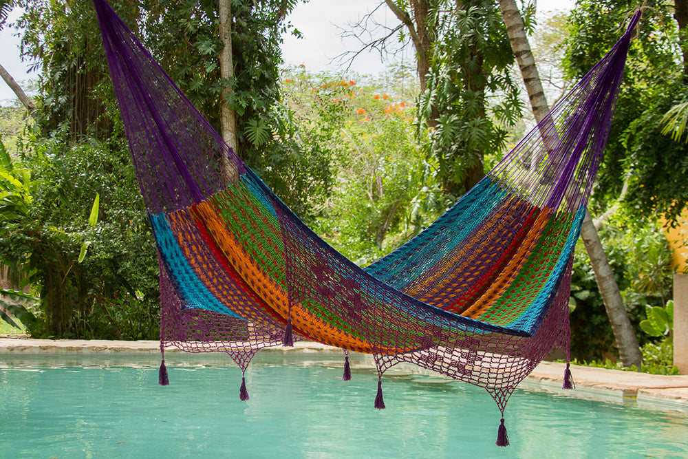 Outdoor undercover cotton Mayan Legacy hammock with hand crocheted tassels King Size Colorina