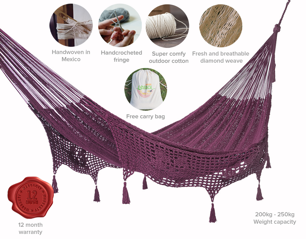 Outdoor undercover cotton Mayan Legacy hammock with hand crocheted tassels Queen Size Maroon