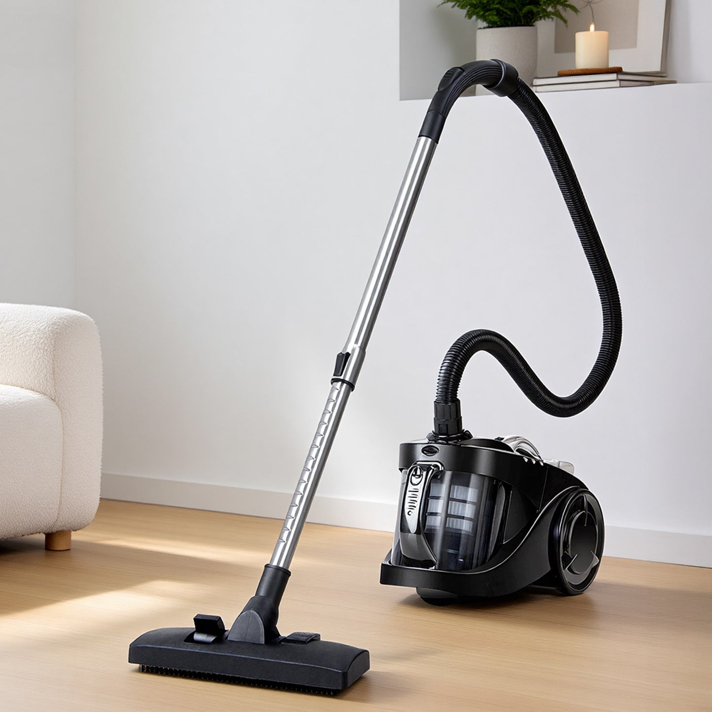 Black bagless vacuum cleaner with cleaner head and fitted adapter