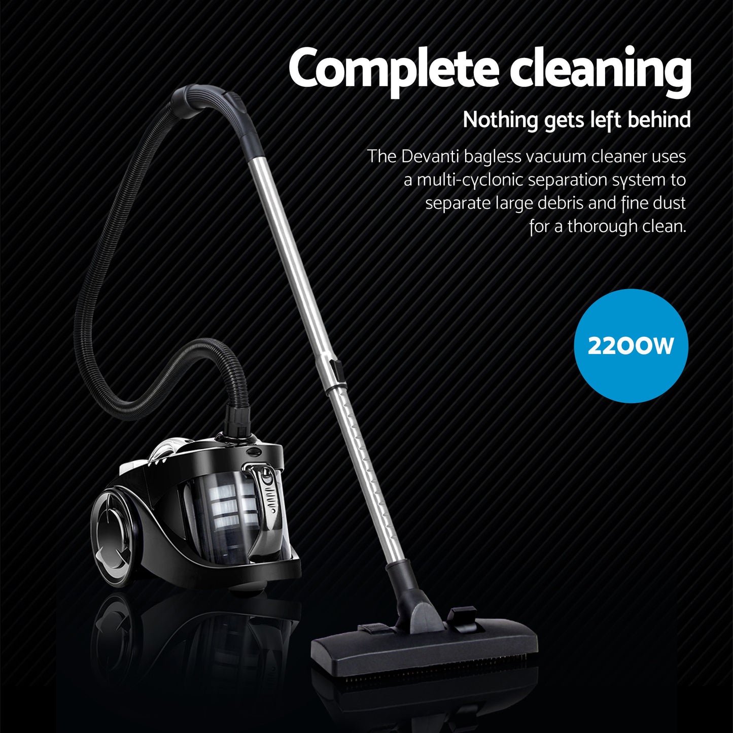 Black bagless vacuum cleaner with roller head and vacuum connector