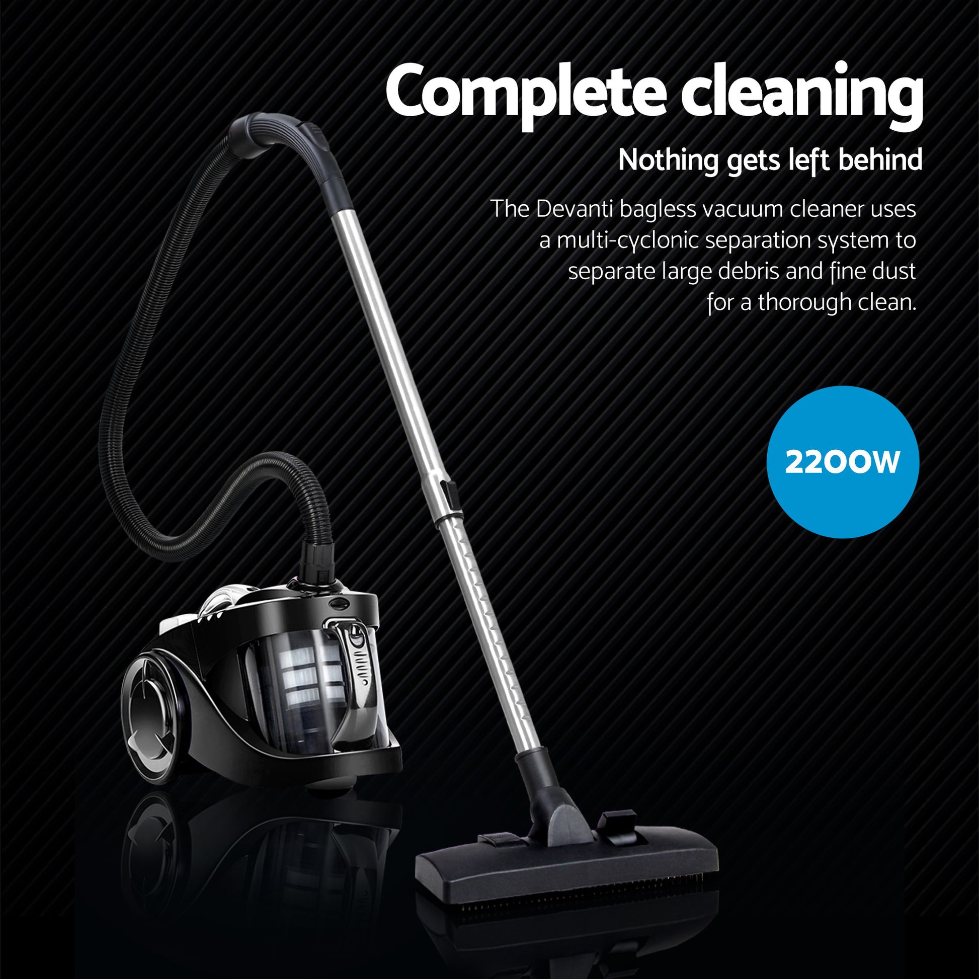 Black bagless vacuum cleaner with roller head and vacuum connector