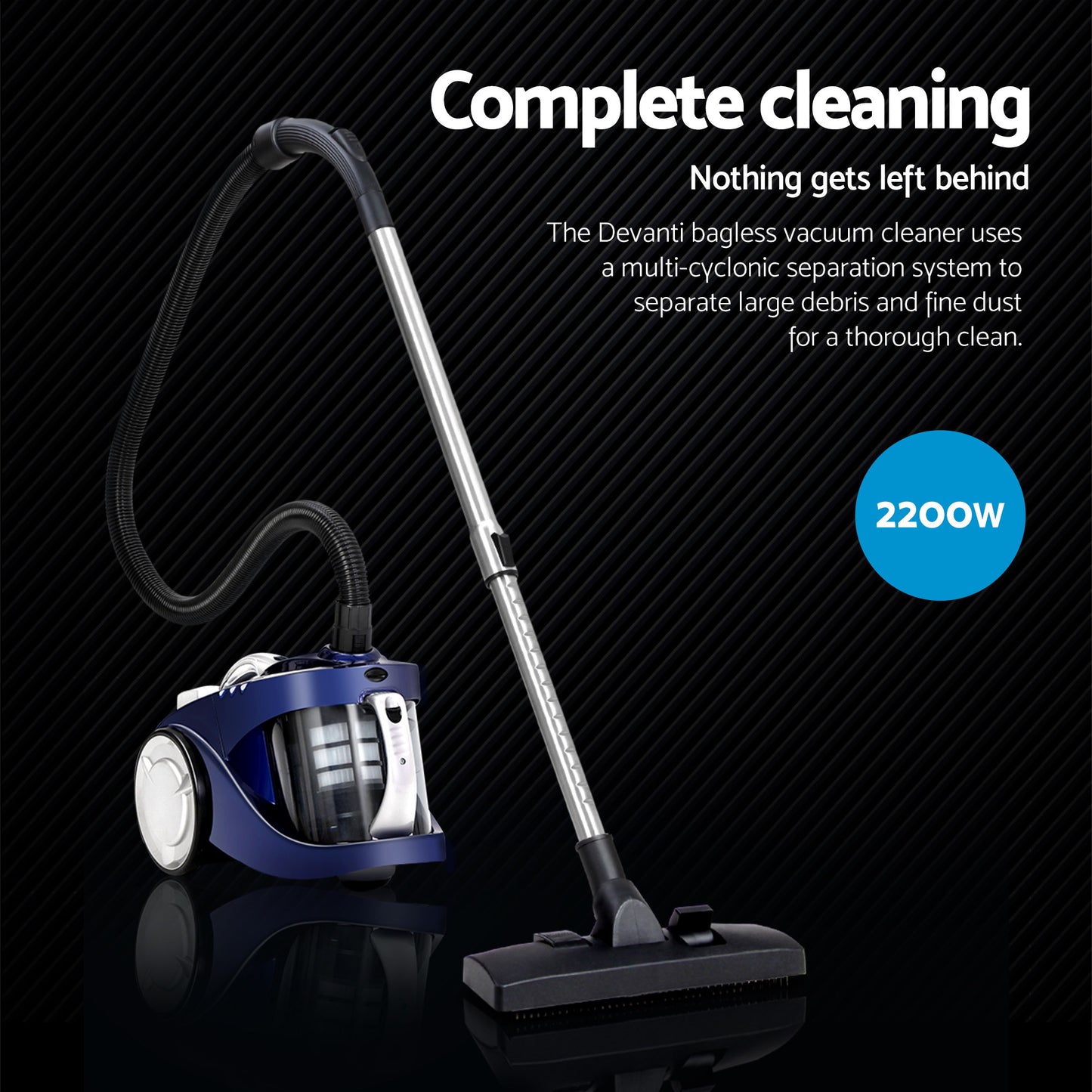 Blue vacuum cleaner bagless with cleaner head and fitted adapter