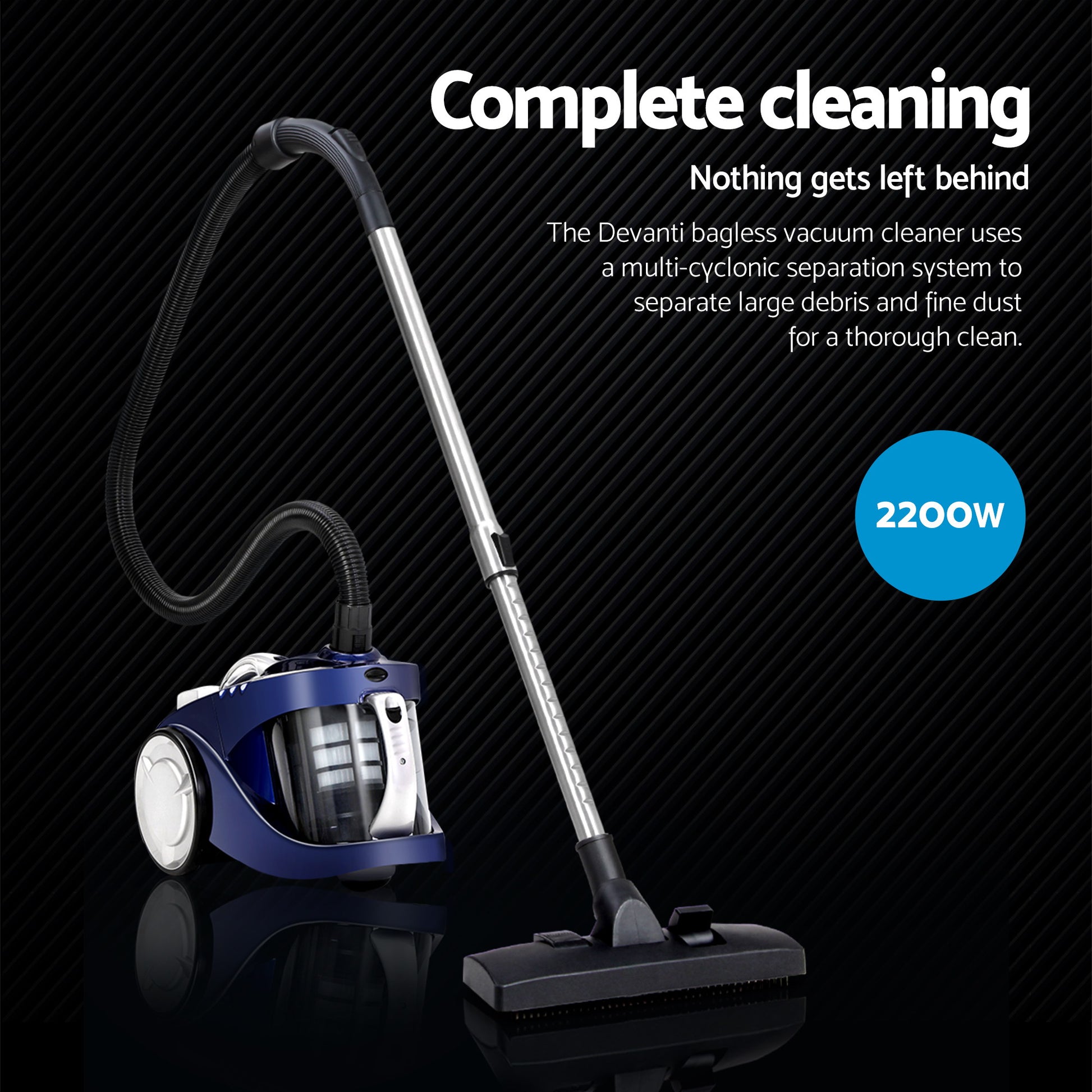 Blue vacuum cleaner bagless with cleaner head and fitted adapter