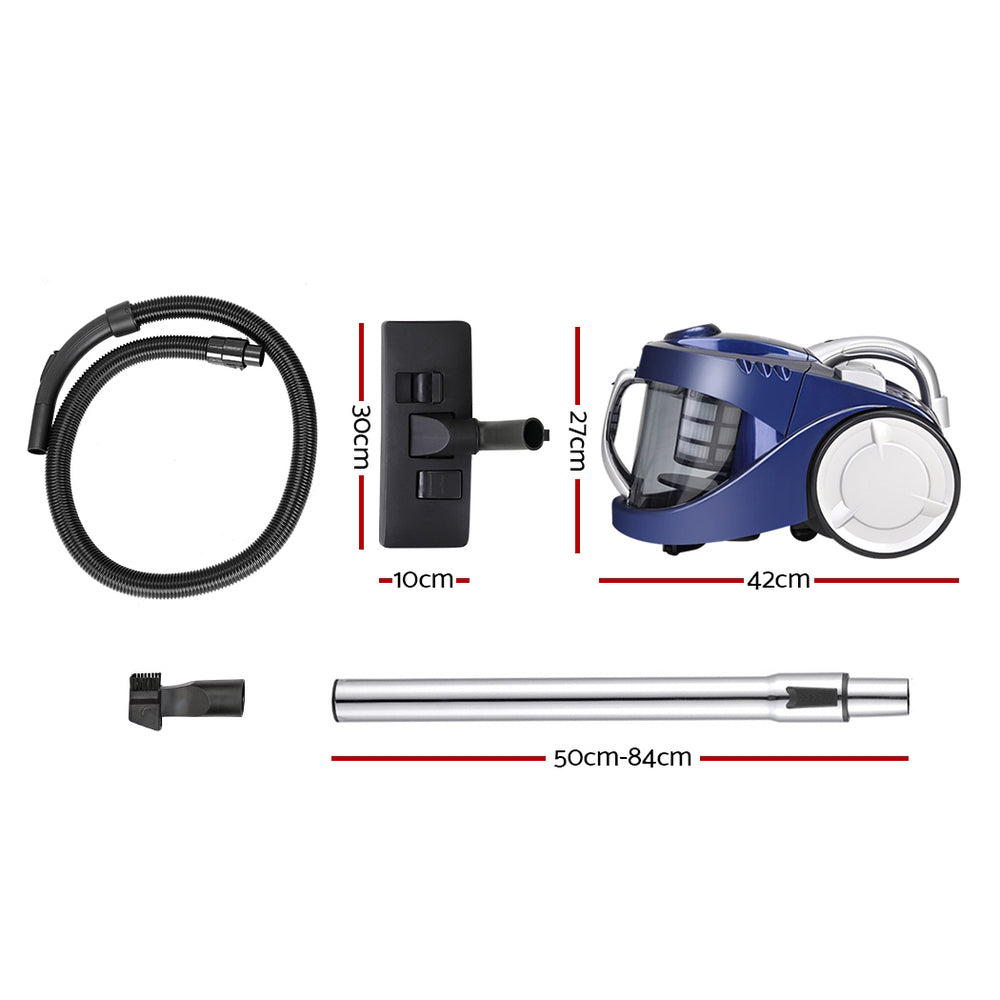 Blue vacuum cleaner bagless with attachment head and connector fitting
