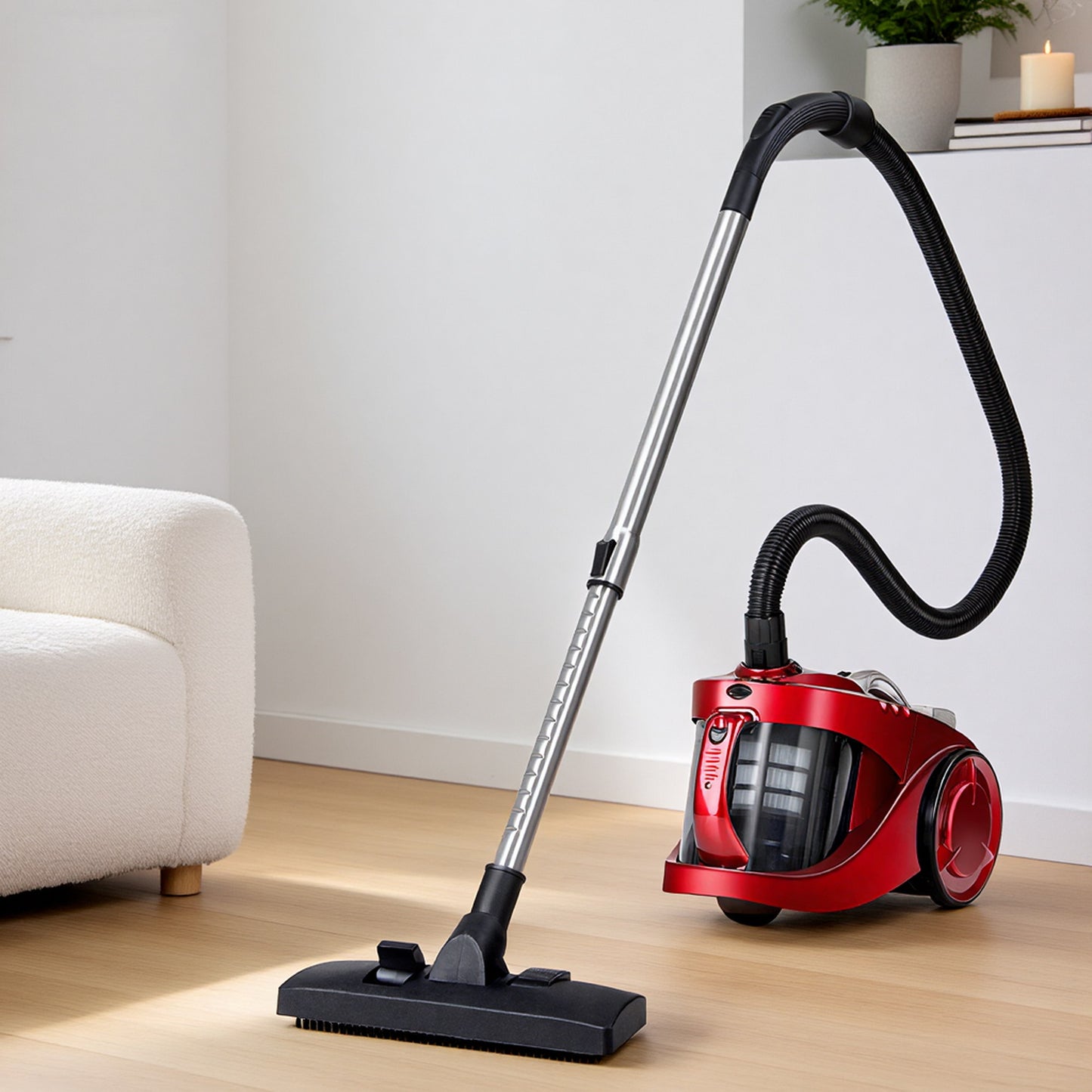 Red bagless vacuum cleaner with cleaner head and fitted adapter