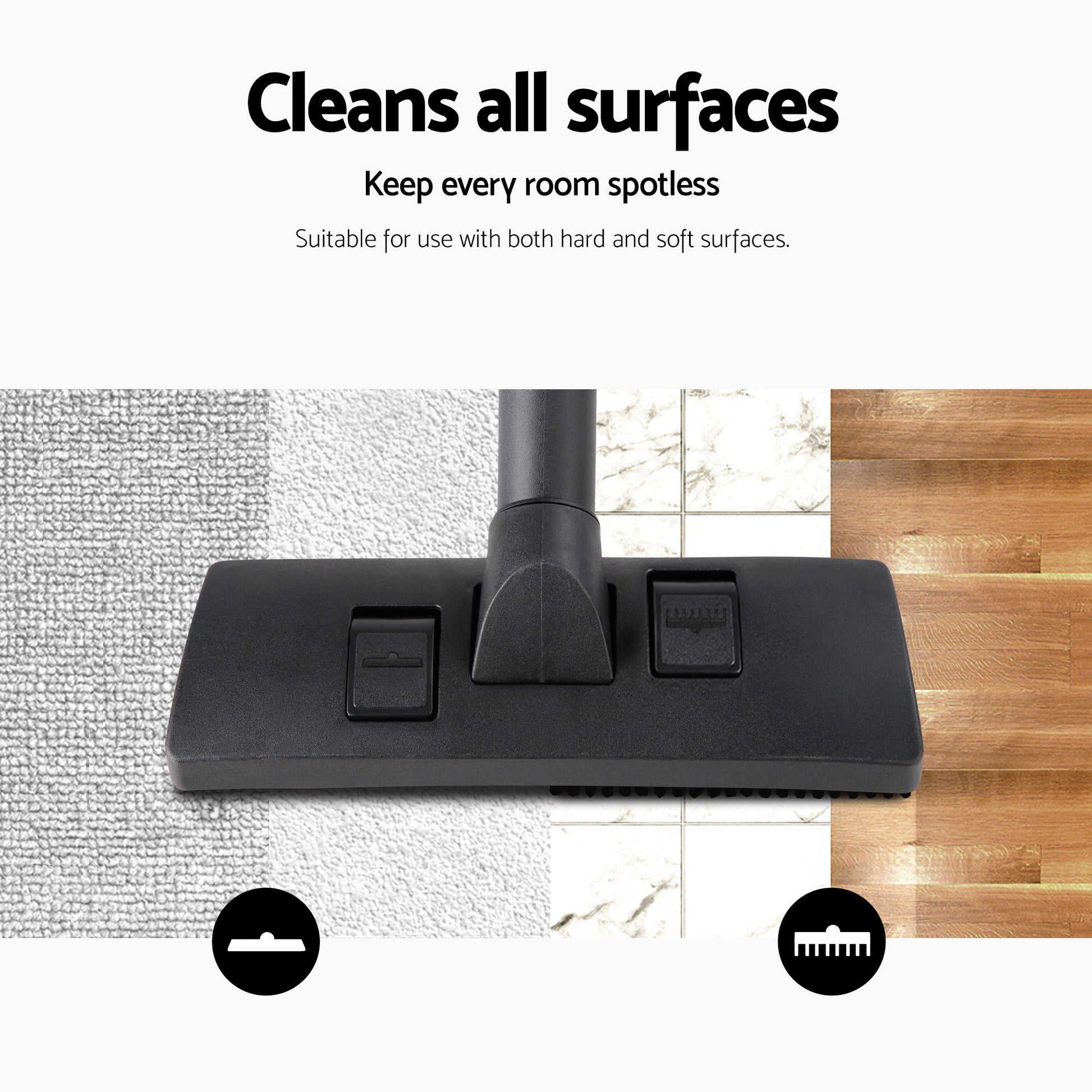 Red bagless vacuum cleaner with floor head and swivel connector