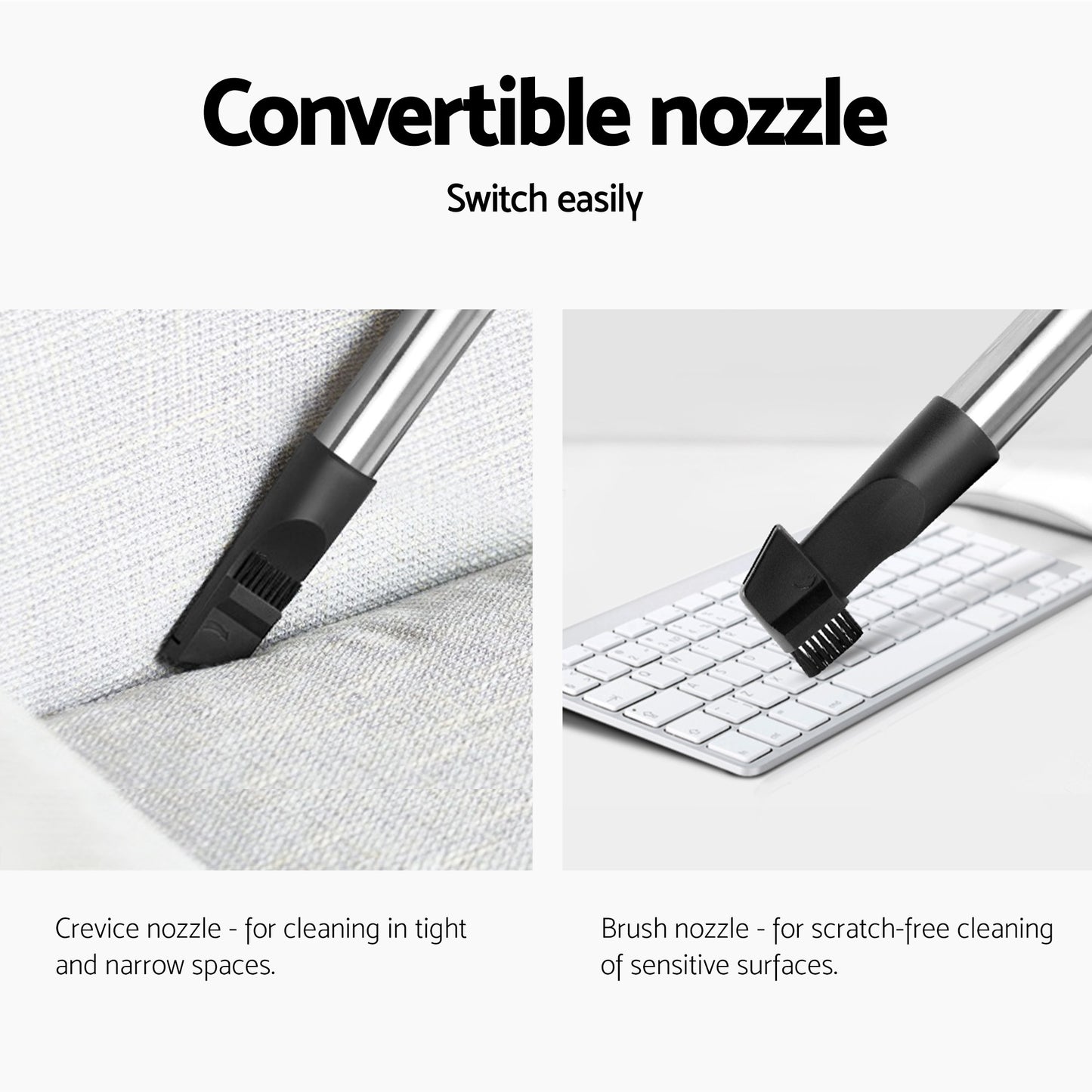 Red bagless vacuum cleaner with attachment head and connector fitting