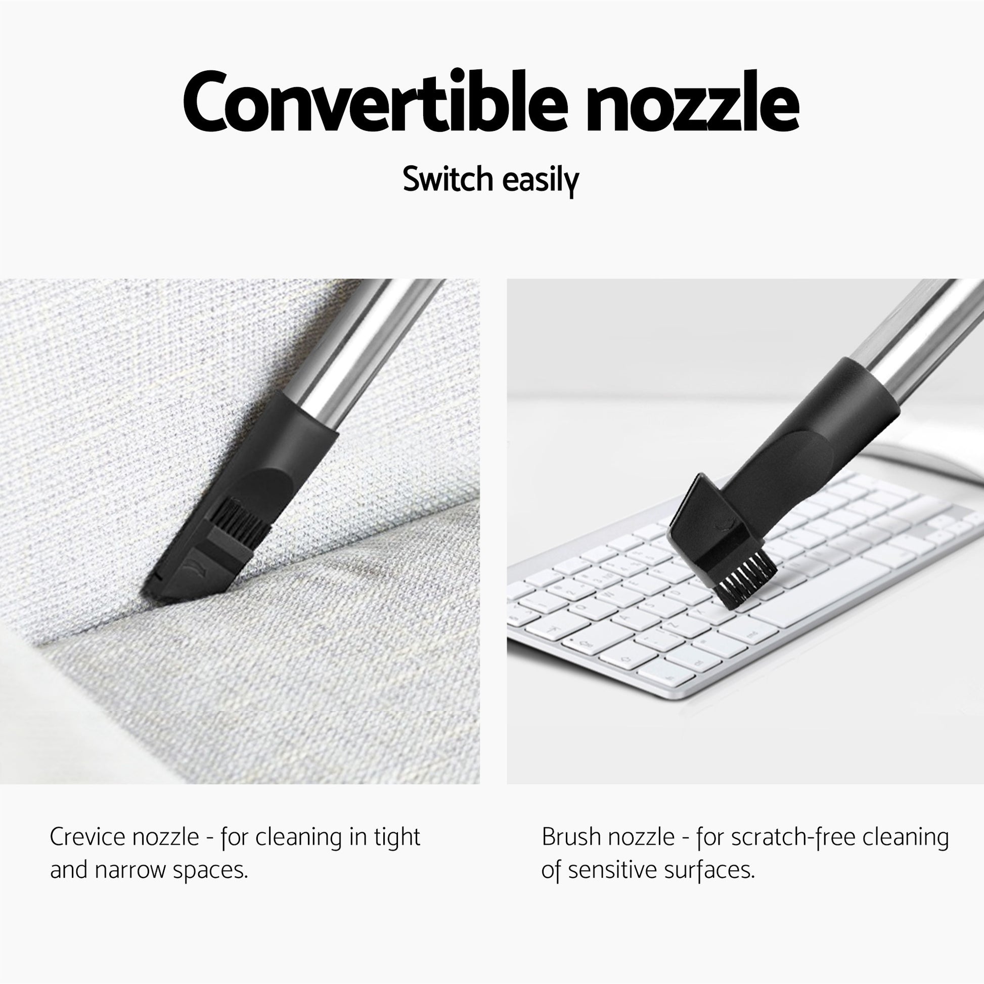 Red bagless vacuum cleaner with attachment head and connector fitting