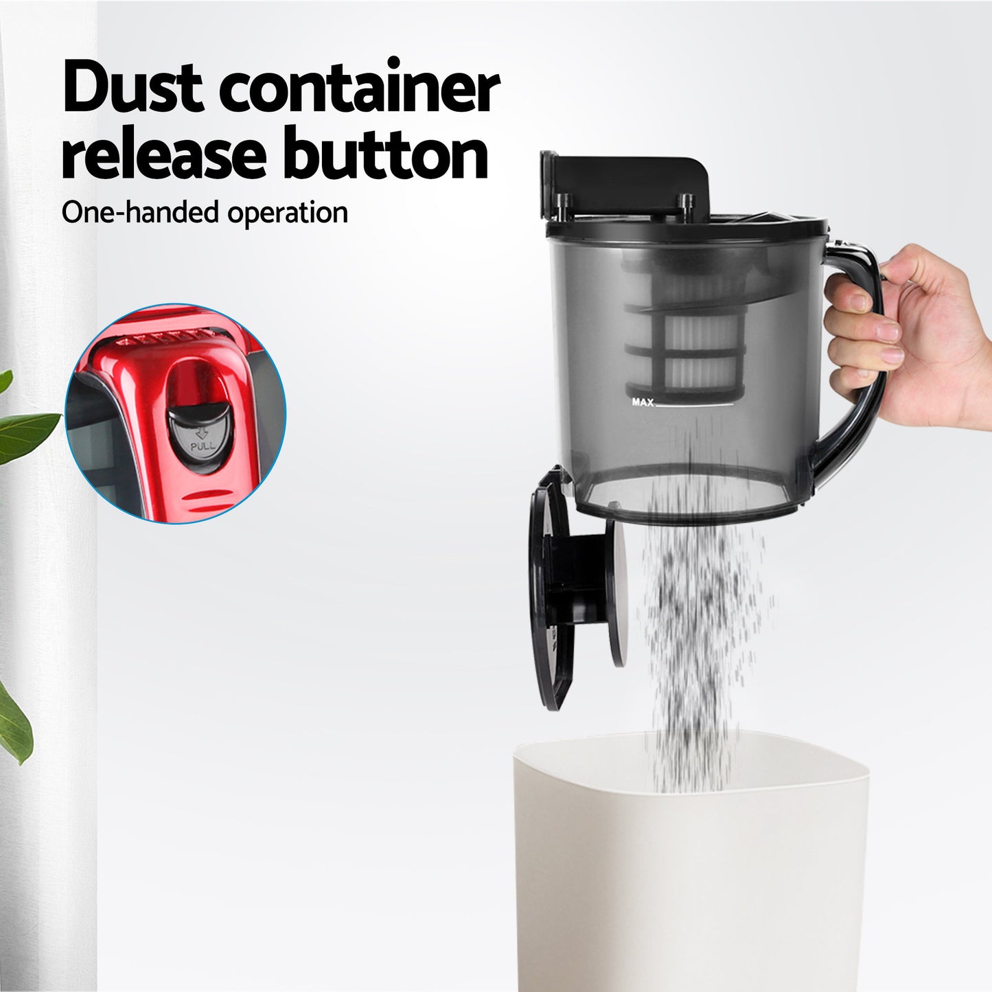 Red bagless vacuum cleaner with roller head and vacuum connector